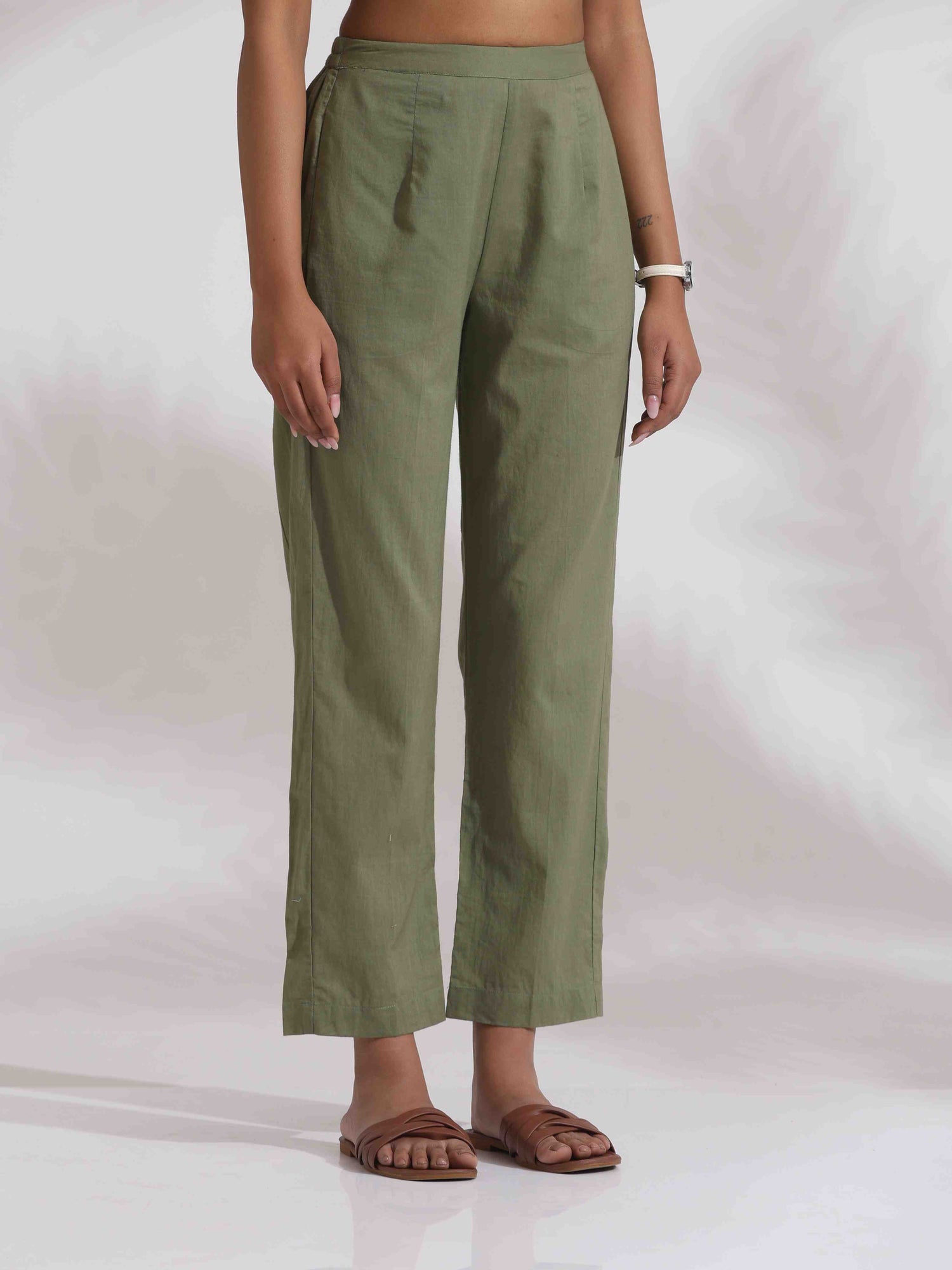 trueBrowns Olive Green Cotton Floral Embroidered Co-ord Set