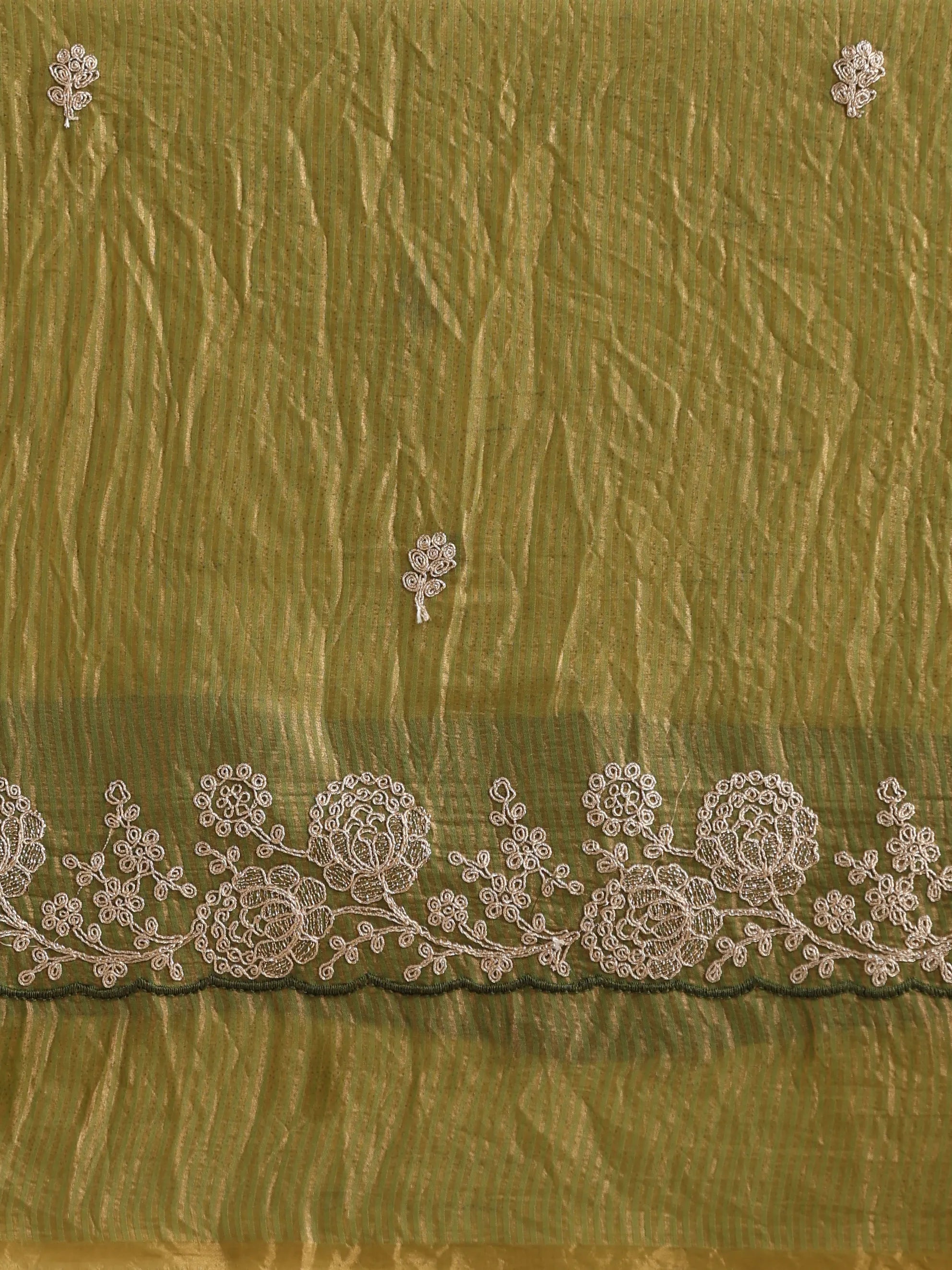 trueBrowns Lime Tissue Stripe Embroidery Weave Saree With Unstitched Blouse