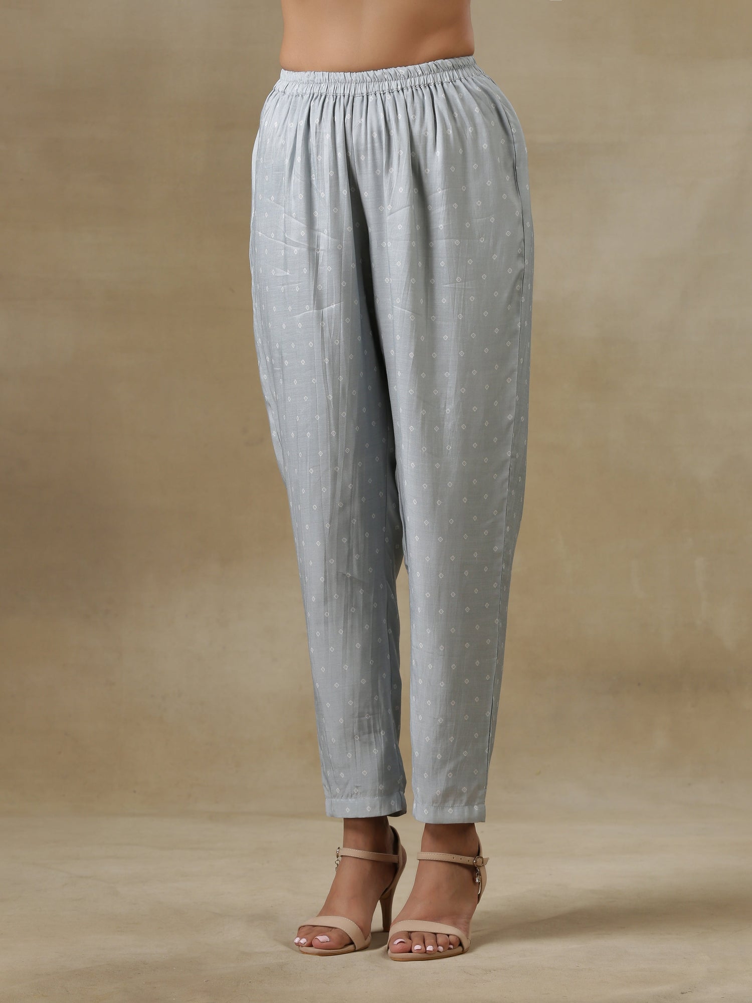 Grey Bandhani Printed Silk Yoke Kurta Pant Set
