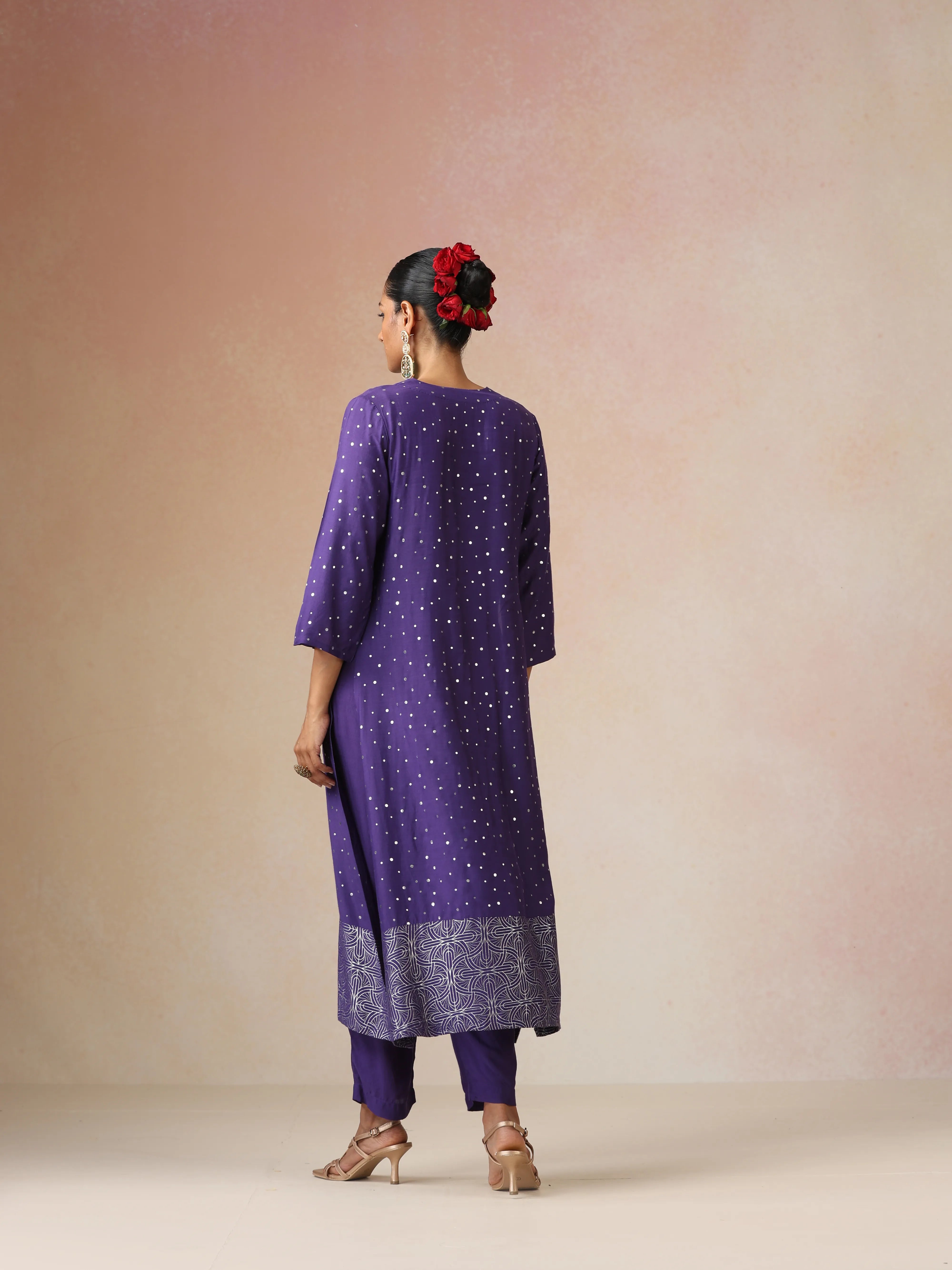 trueBrowns Purple Silver Foil Print Muslin Silk Straight High-Slit Kurta Set