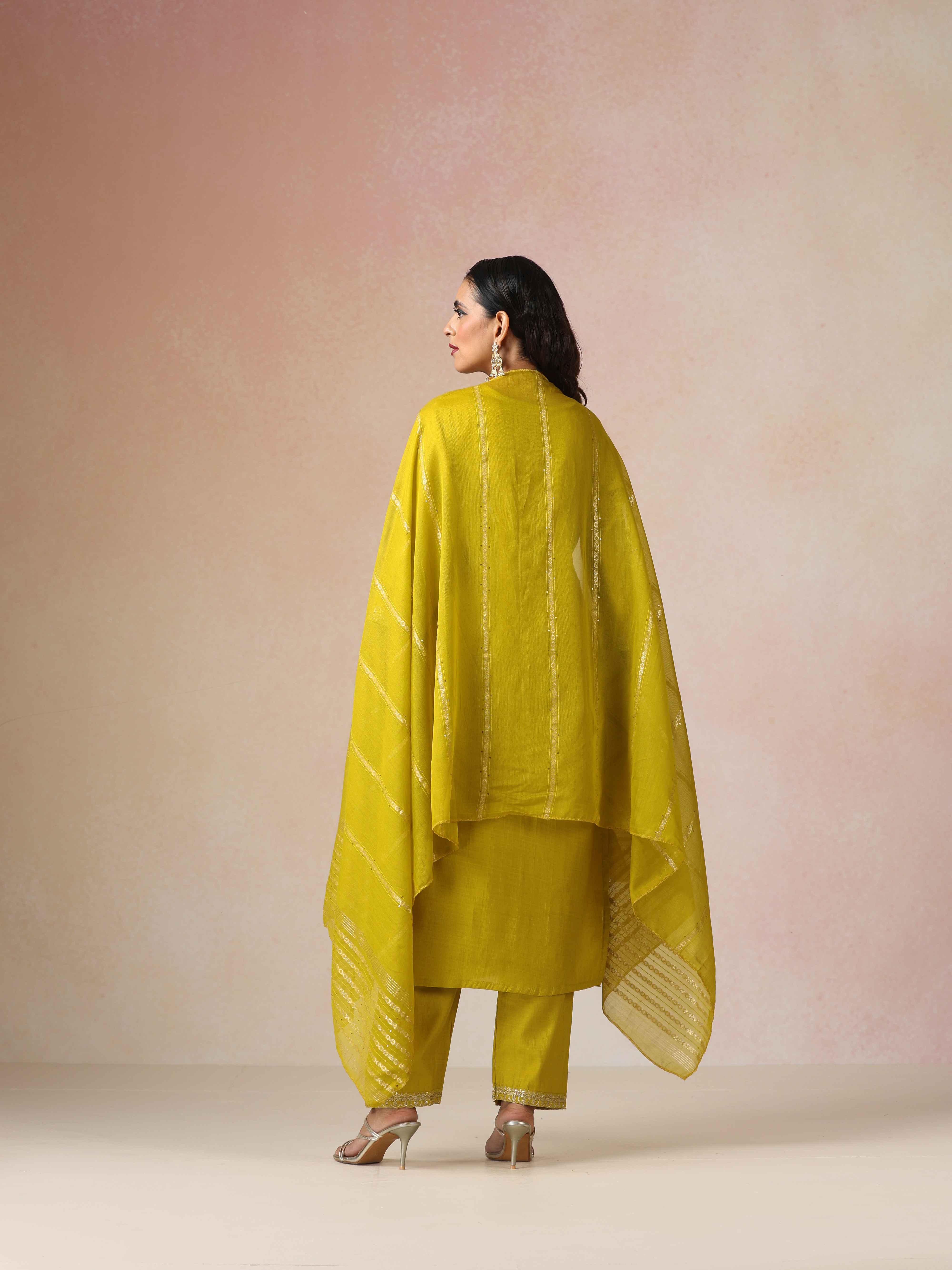 trueBrowns Lime All Over Embroidered Straight Kurta 3pc Set