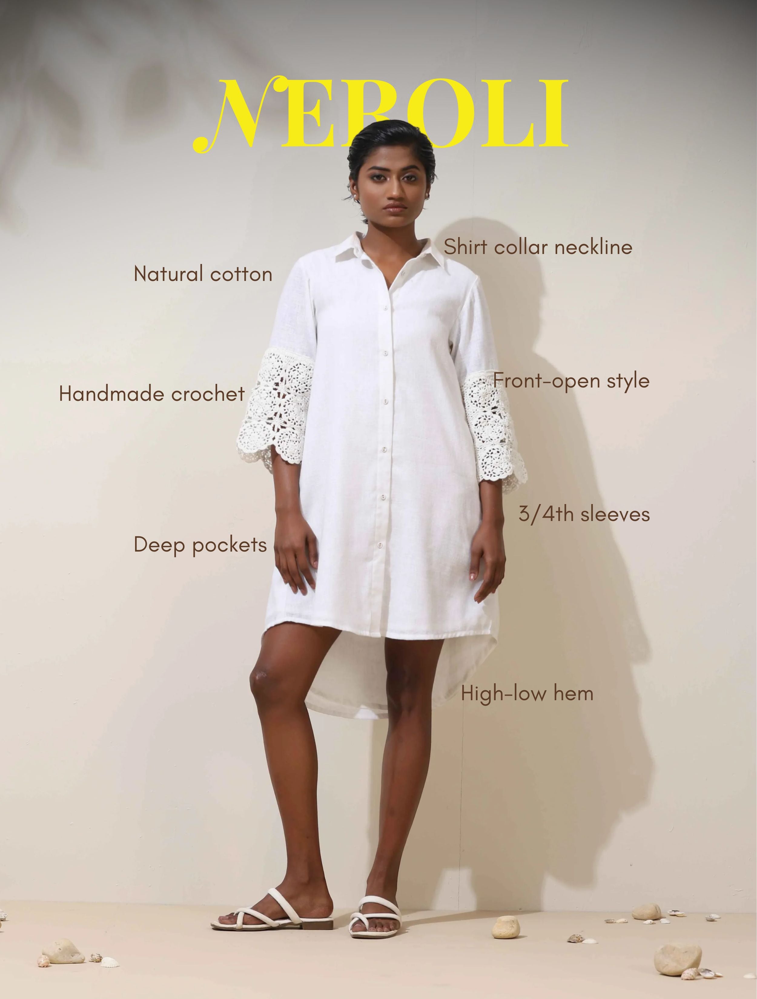 trueBrowns Neroli White Crochet Natural Cotton Short Dress