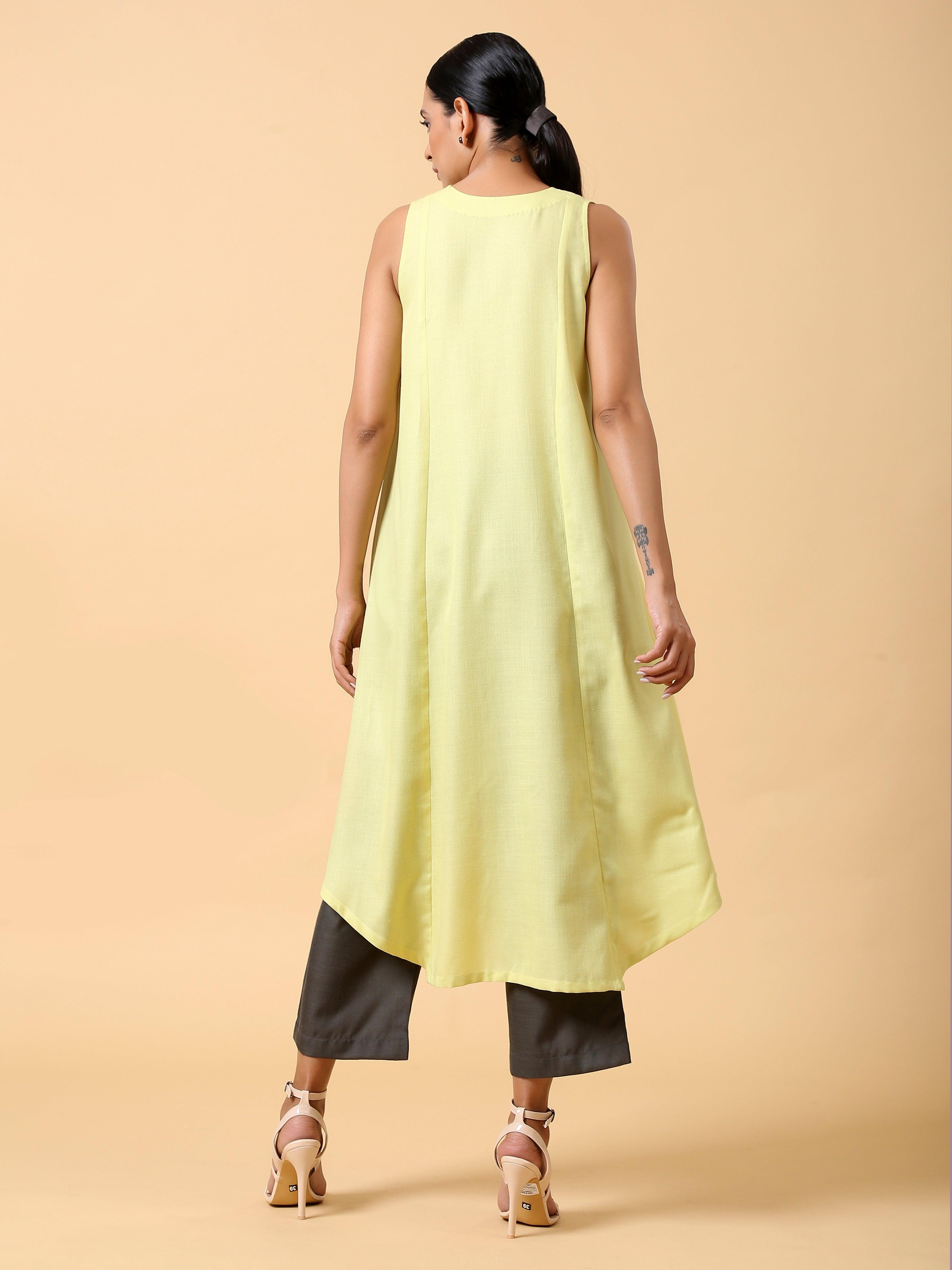 Cotton Linen Light Green Sleeveless Kurta Pant Set - trueBrowns