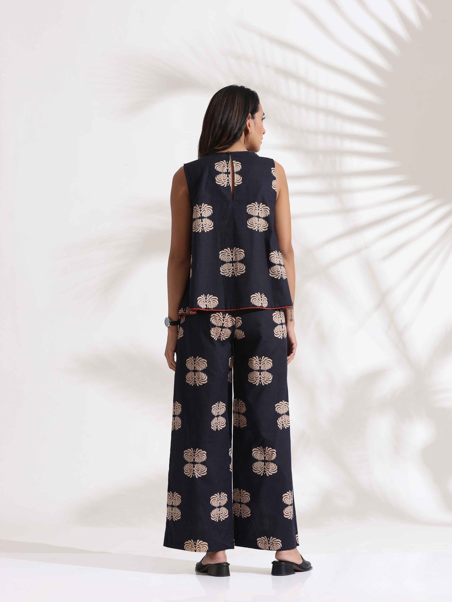 trueBrowns Black Cotton Print Top & Flared Pants Co-ord Set