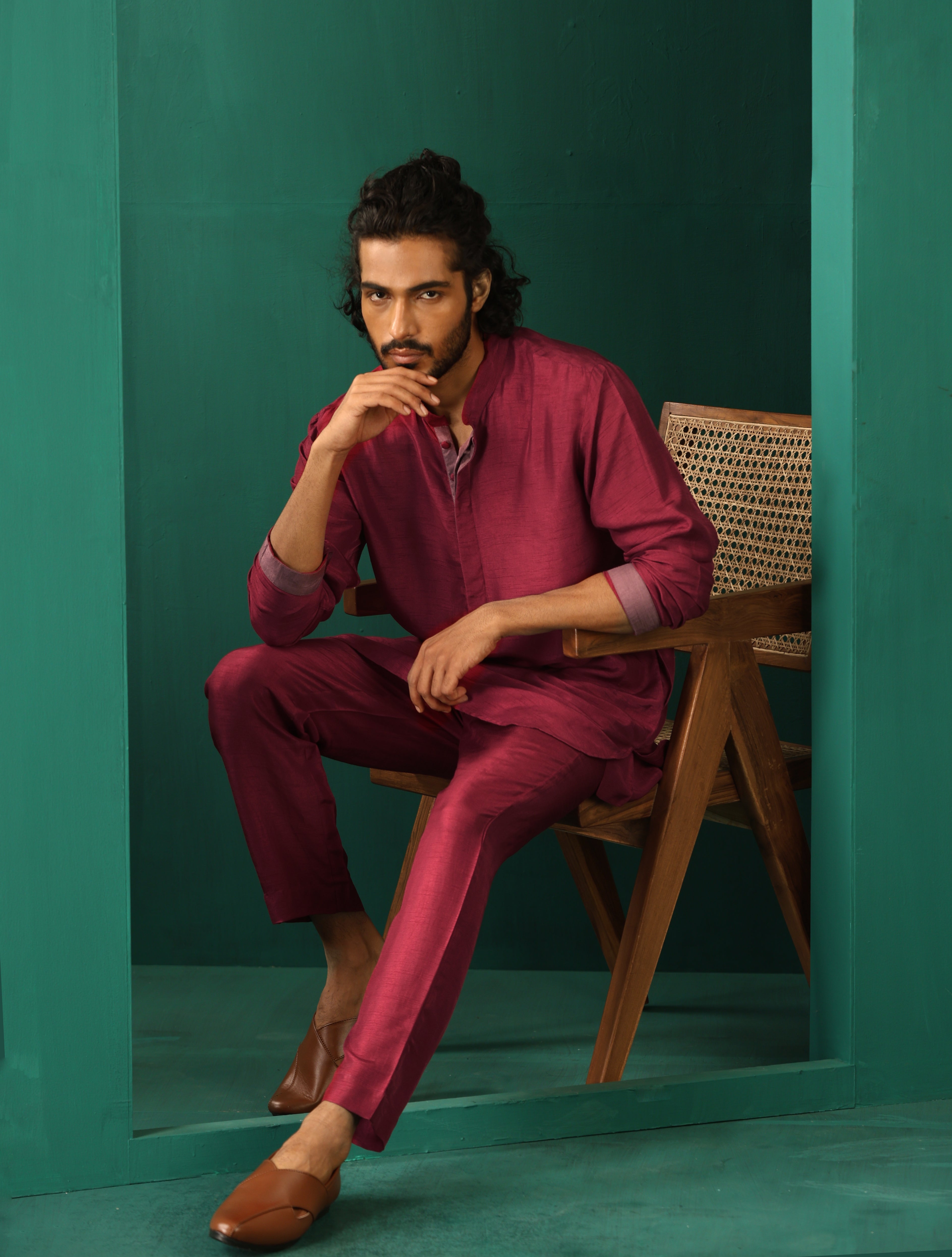 trueBrowns Men Purple Silk Co-ord Set