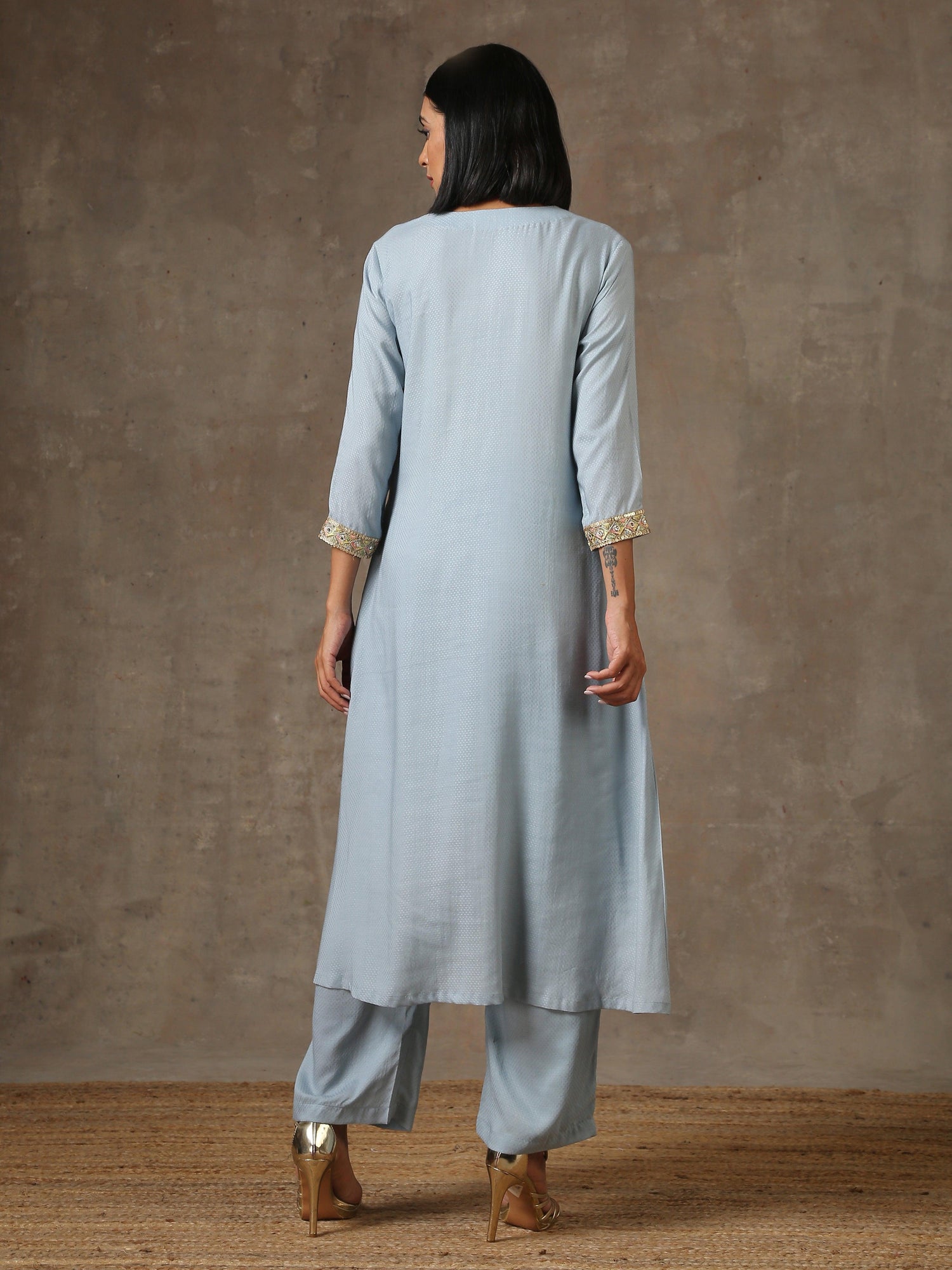 The Daphne - Light Blue Solid Textured Kurta Pant Set - trueBrowns