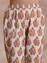 White With Red Yellow Buta Block Print Cotton Kurta Pant Dupatta Set