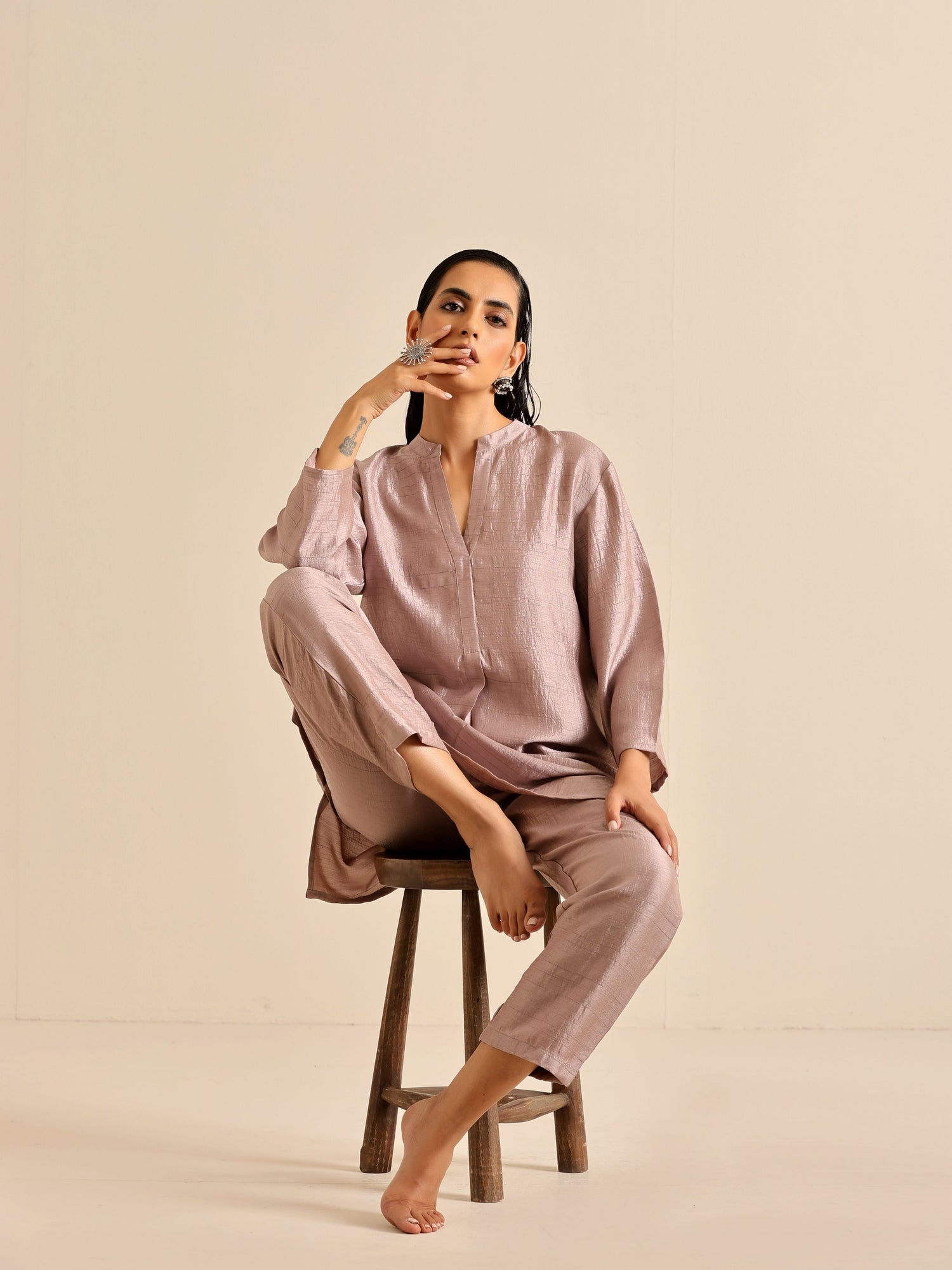 Grey Silk Texture Relaxed Co-Ord Set