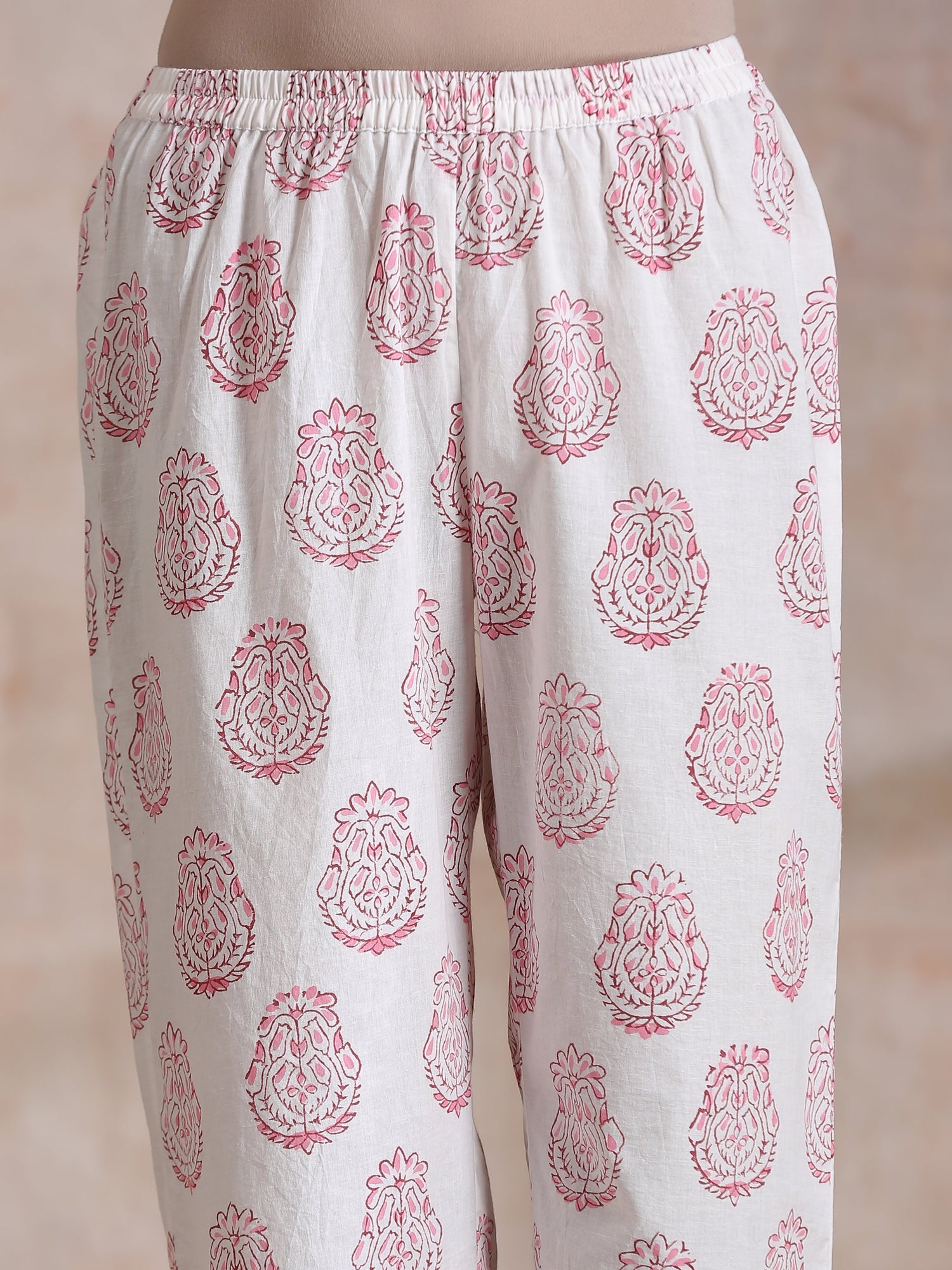 Pink Big Buta On White Print Cotton Panel Kaftan Kurta Pant Set
