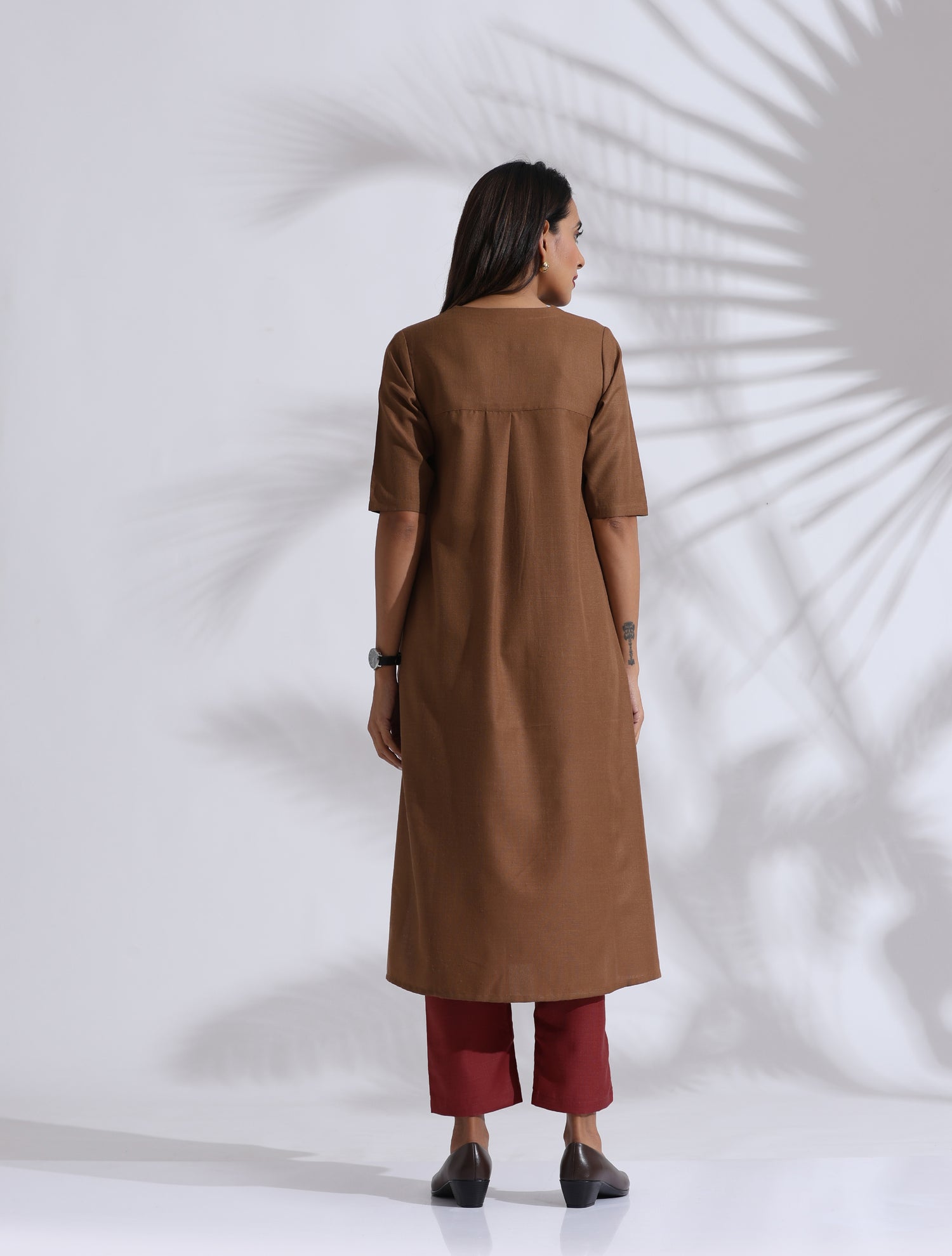 trueBrowns Brown Slub Highslit Kurta Set