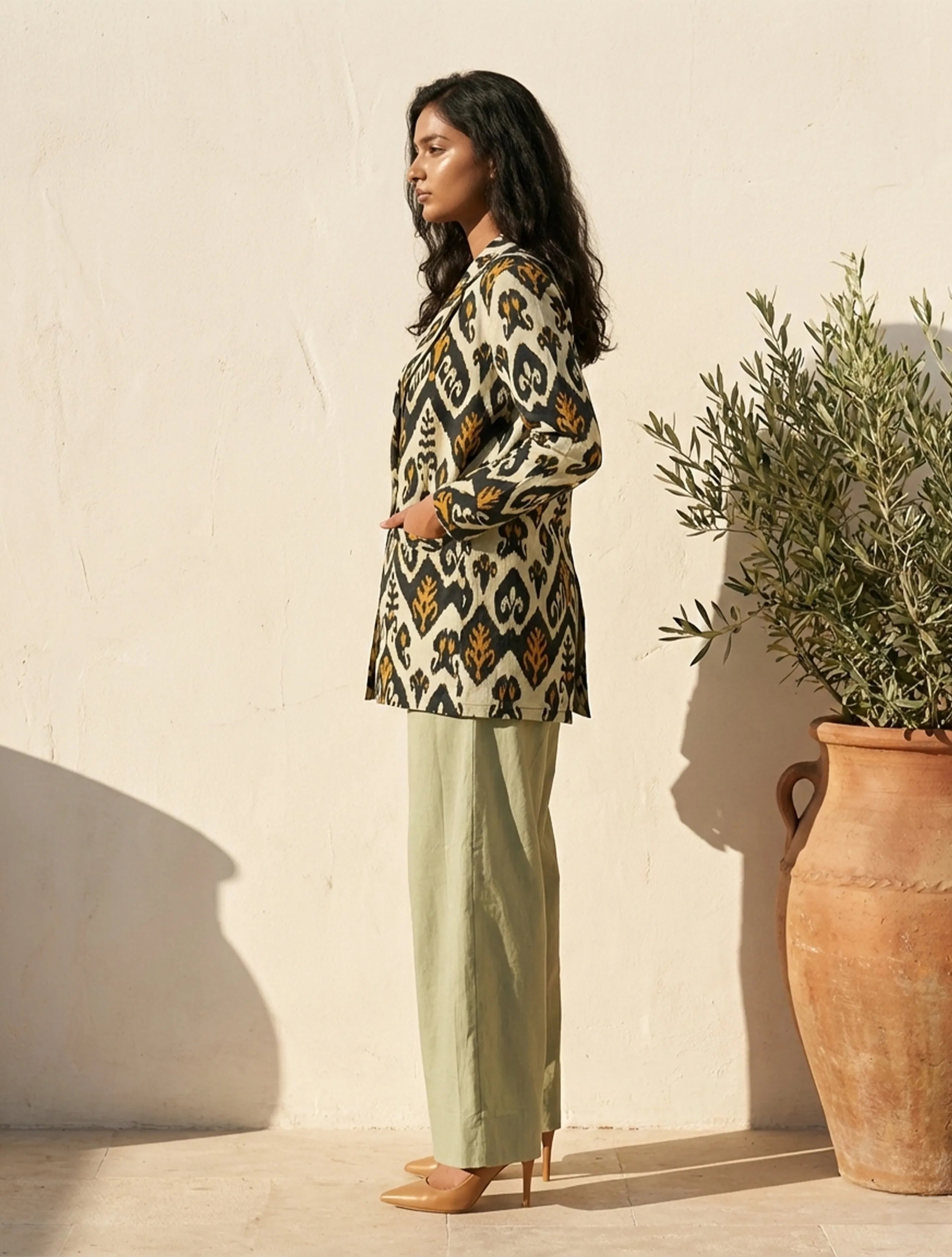 trueBrowns Mint Green Ikat Print Cotton Poplin Blazer Co-Ord Set