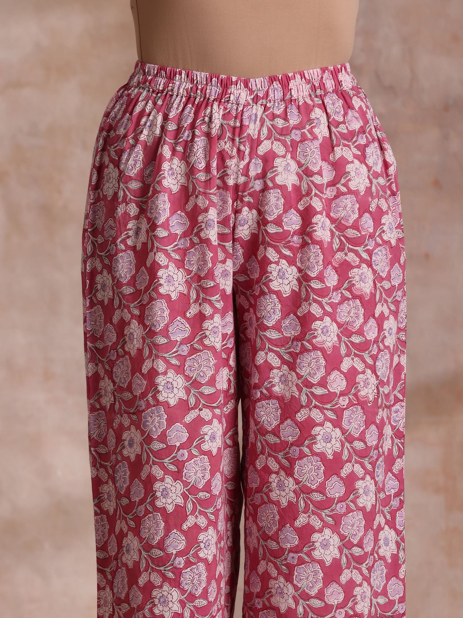 Pink Green Floral On White Block Print Cotton Slit Kurta Pant Set