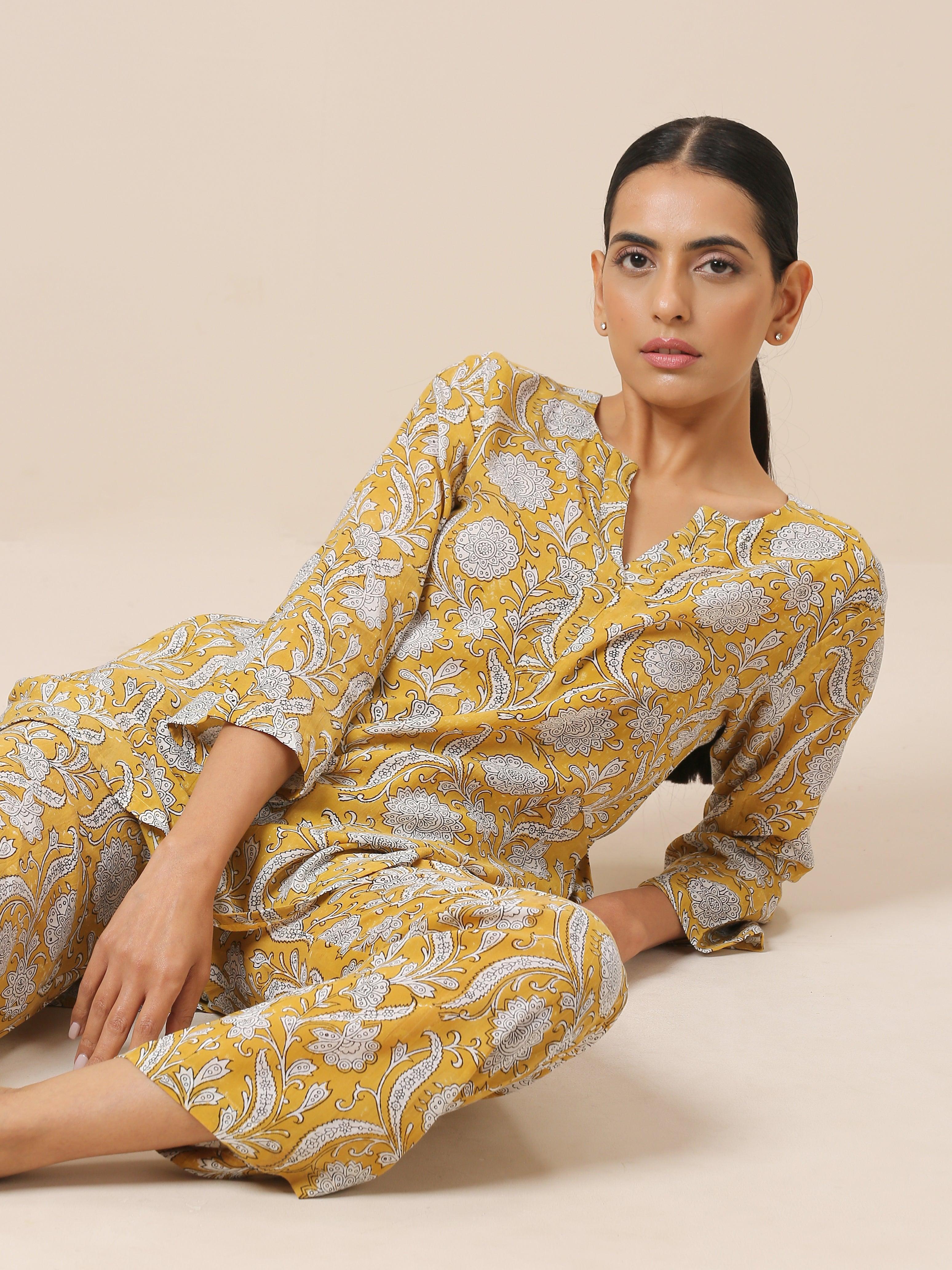 Cotton Hand Block Printed Yellow Co-Ord Set - trueBrowns