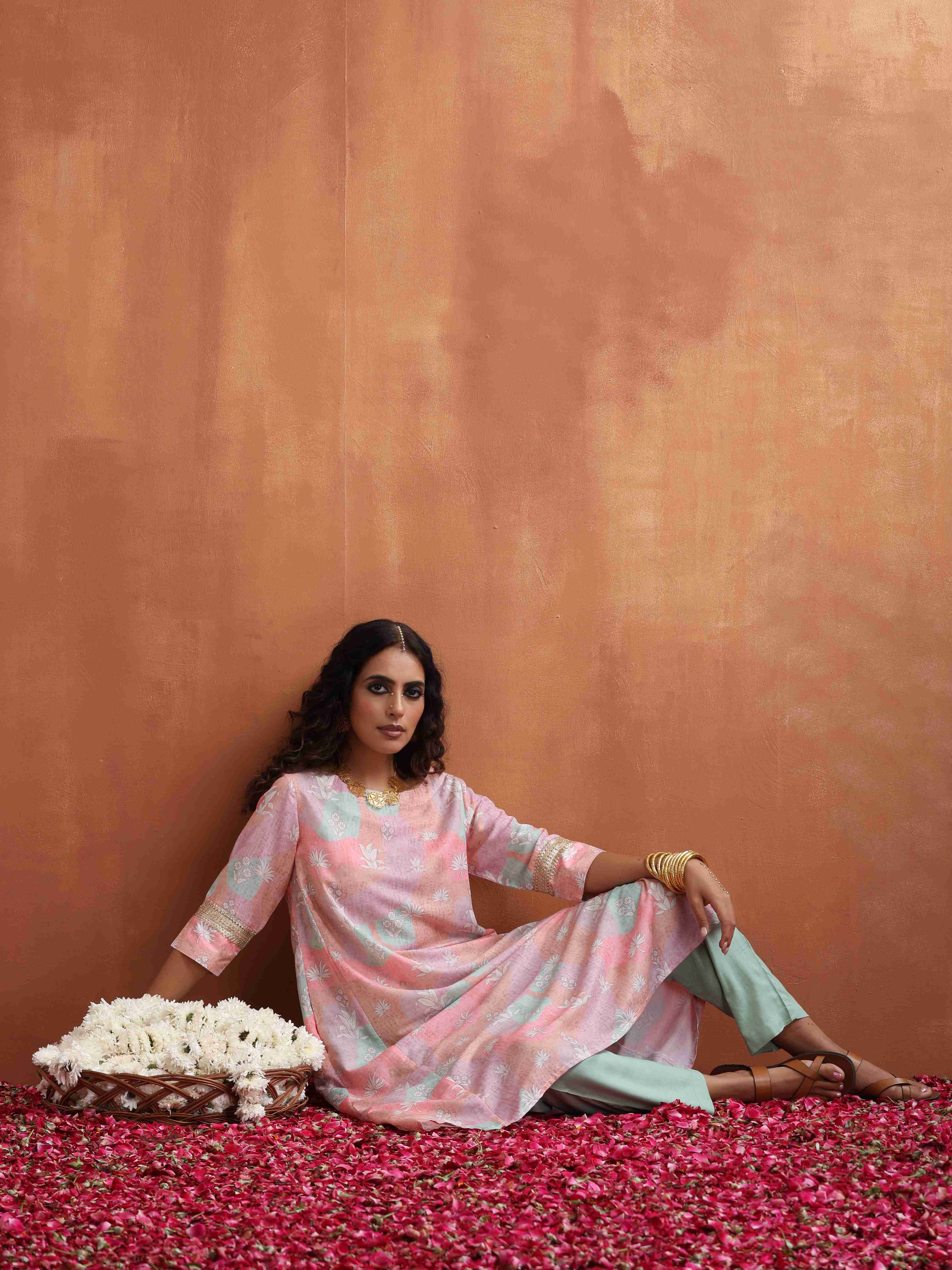 trueBrowns Beige Palm Print A-line Kurta Set
