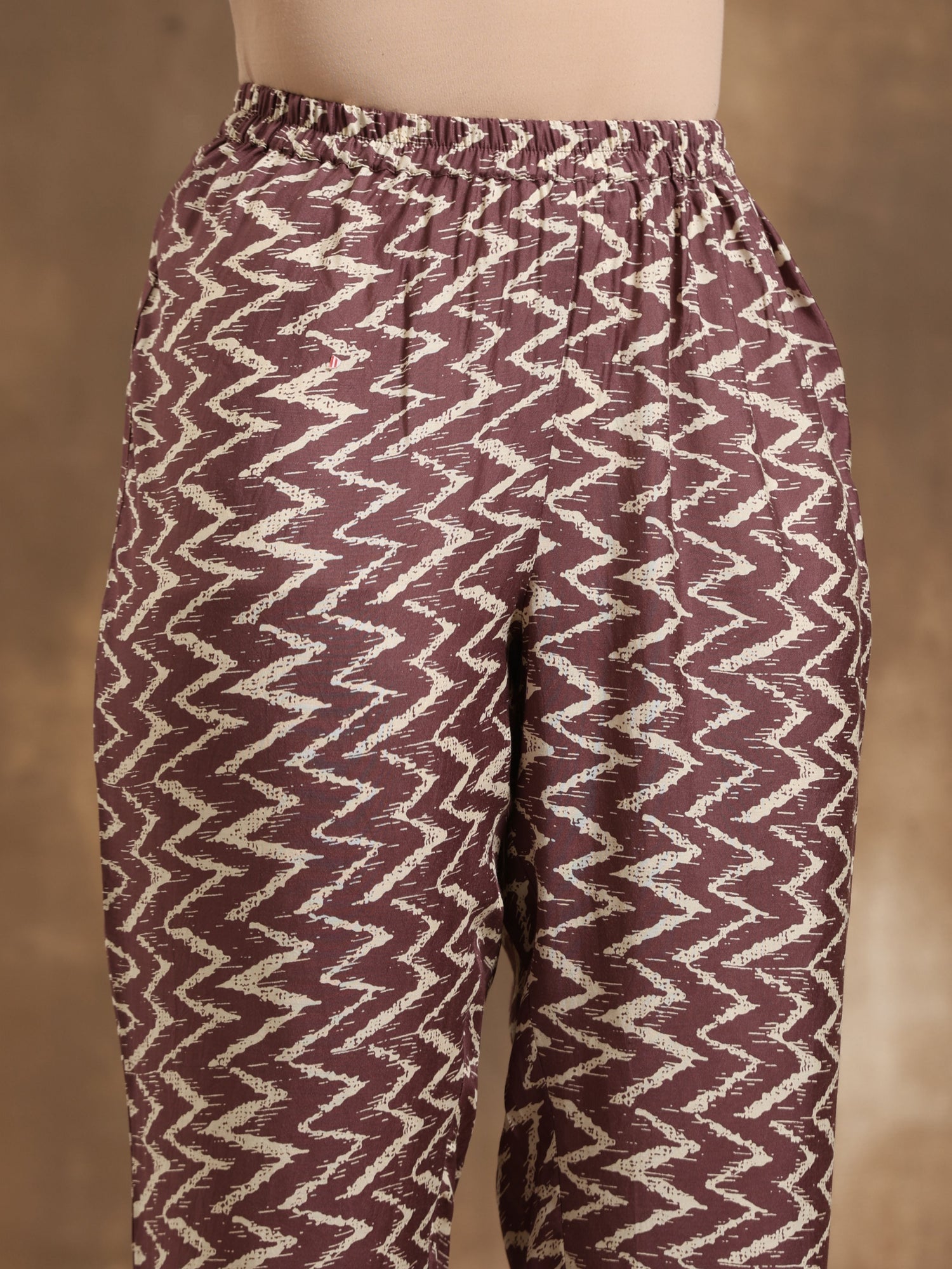 Dark Mauve Zig Zag Printed Silk Kaftan Co-Ord Set
