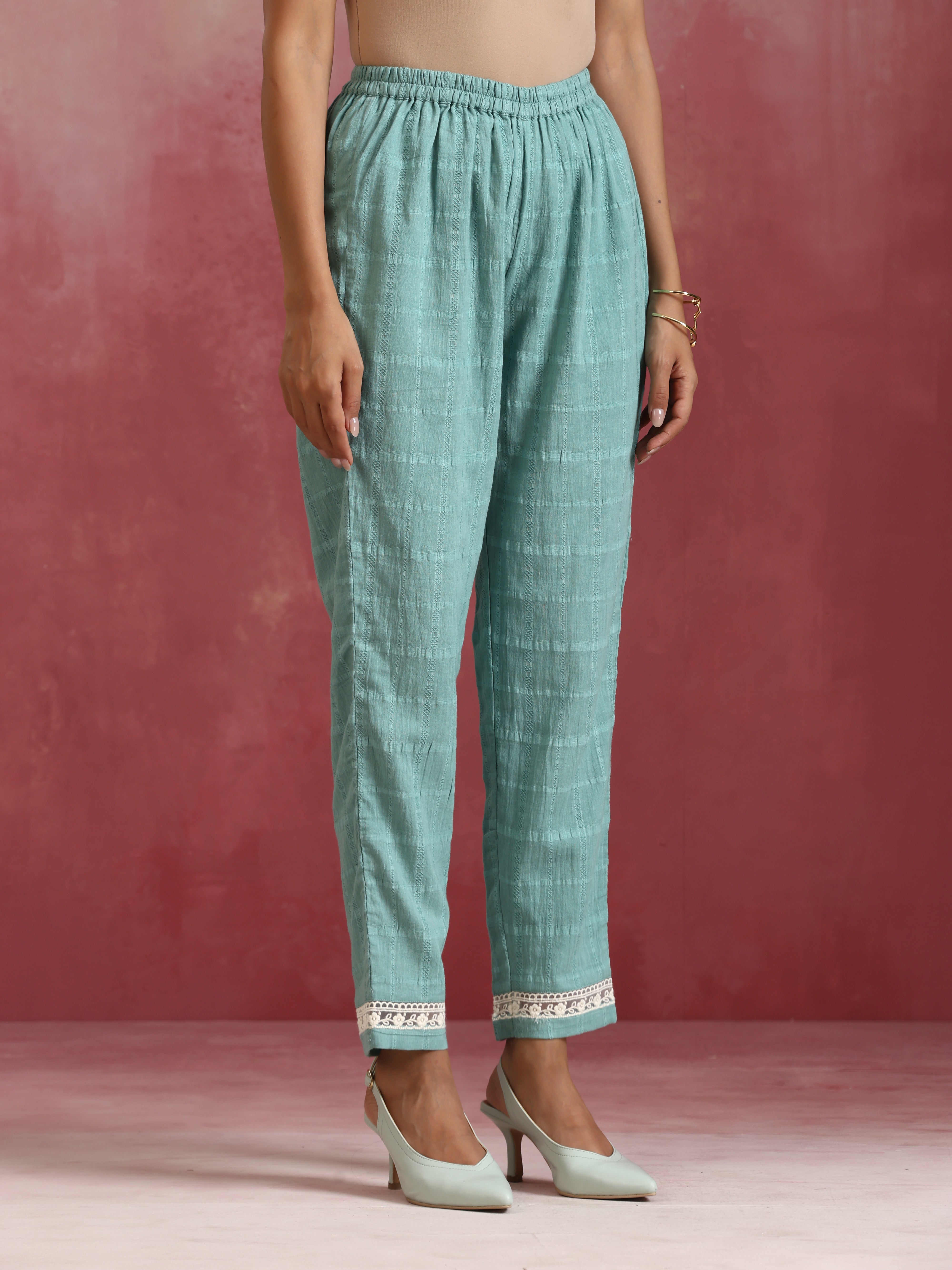trueBrowns Aqua Blue Cotton Dobby High low Kurta Set