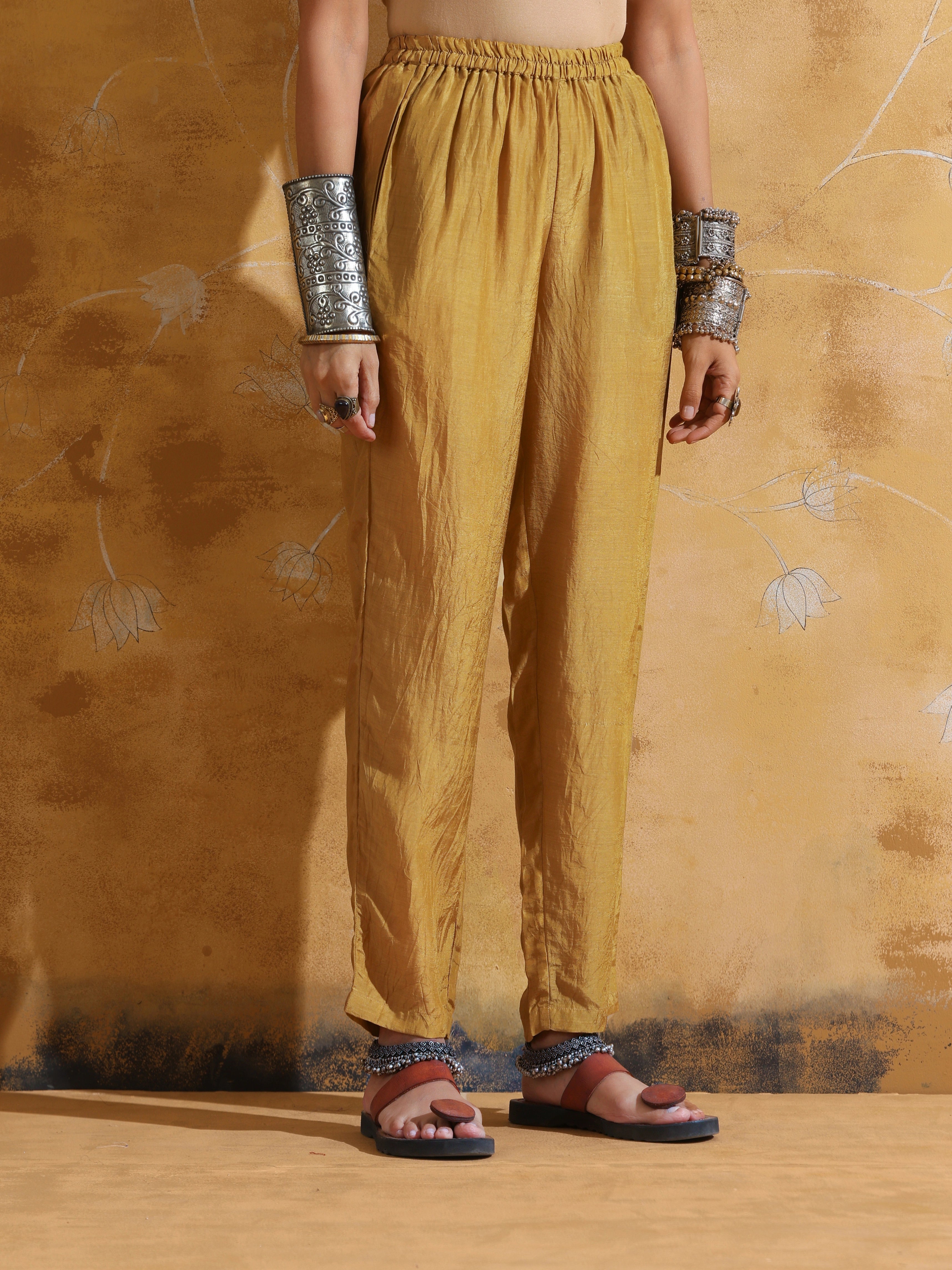 trueBrowns Red Mustard Jaal Print Muslin Silk Anarkali Kurta Set