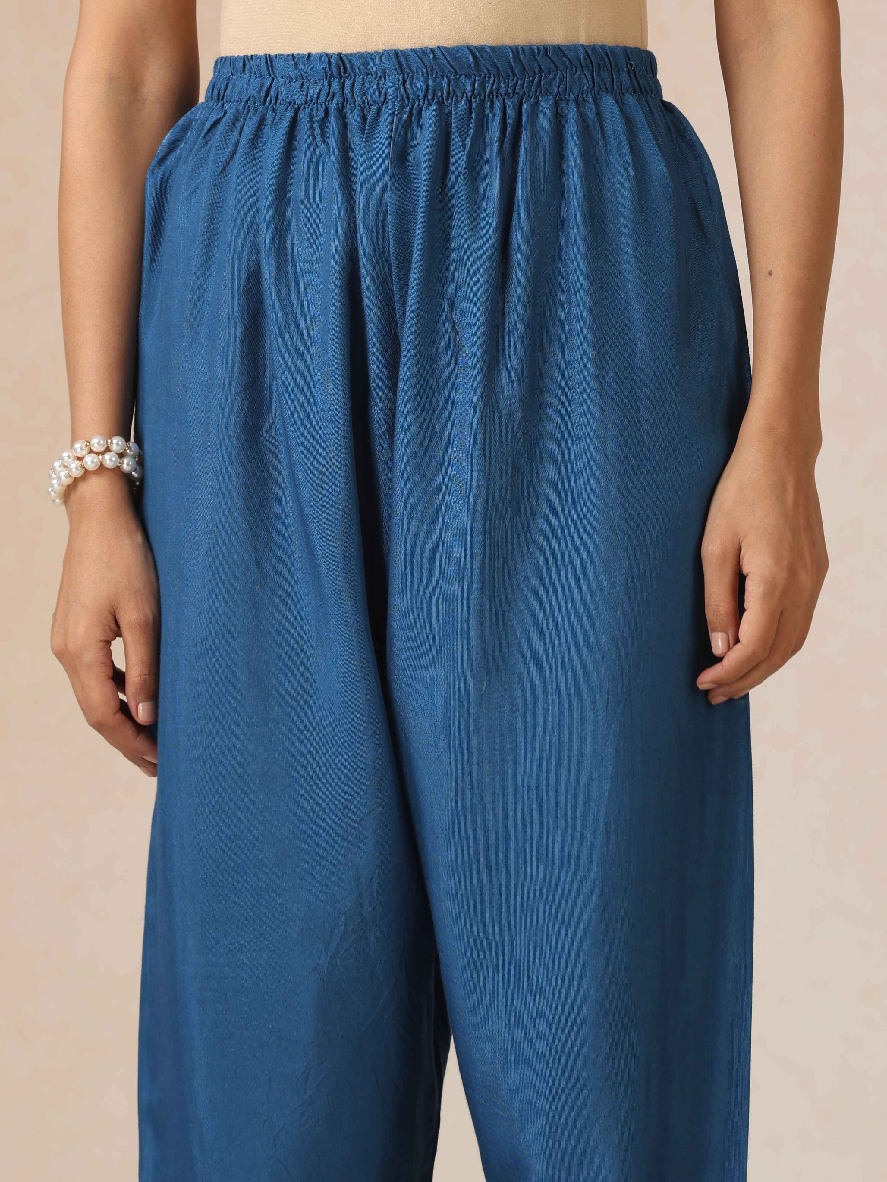 trueBrowns Blue Embroidered Round Neck Straight Kurta 3pc Set