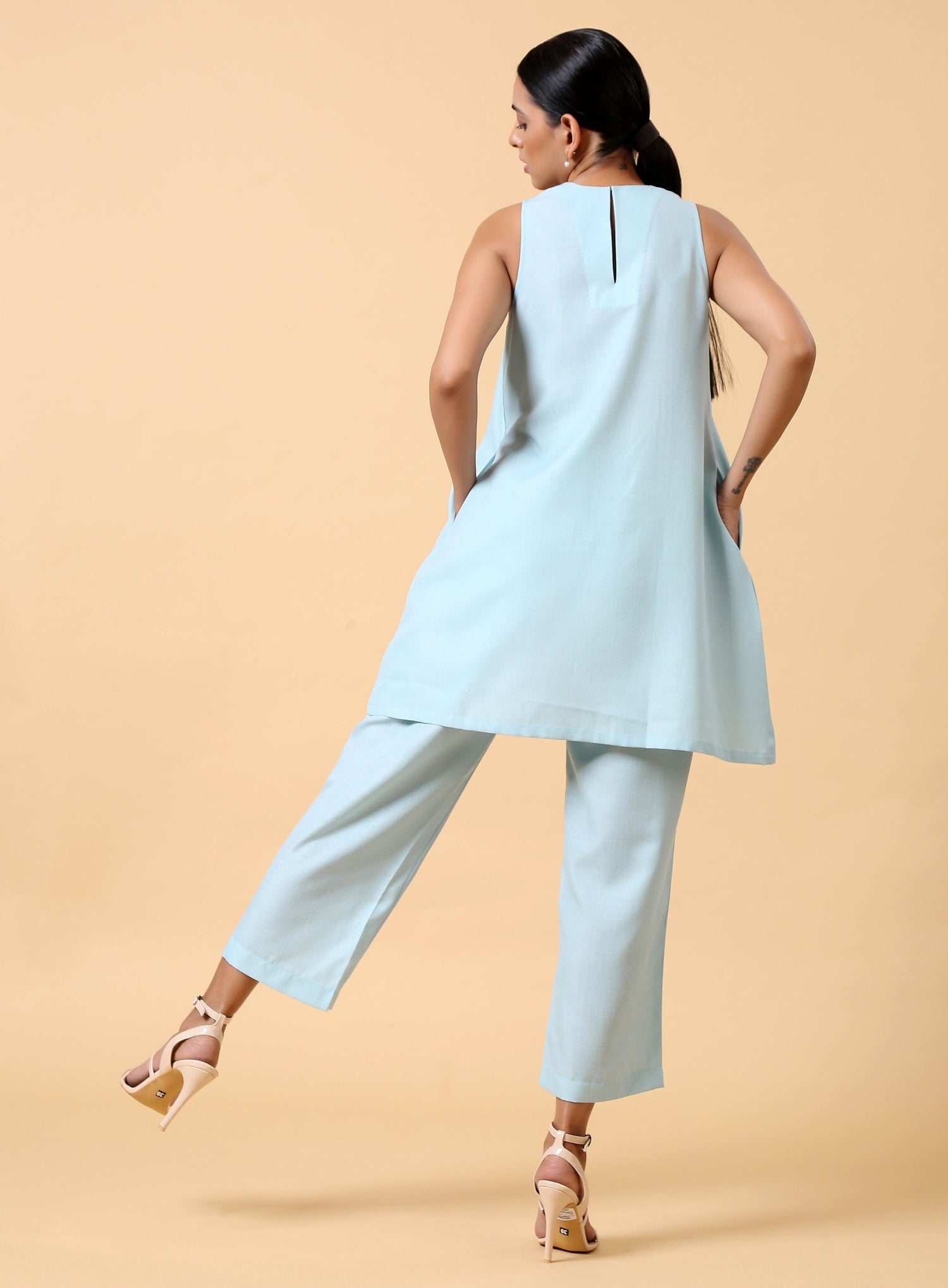 Cotton Linen Light Blue Sleeveless Co-Ord Set - trueBrowns