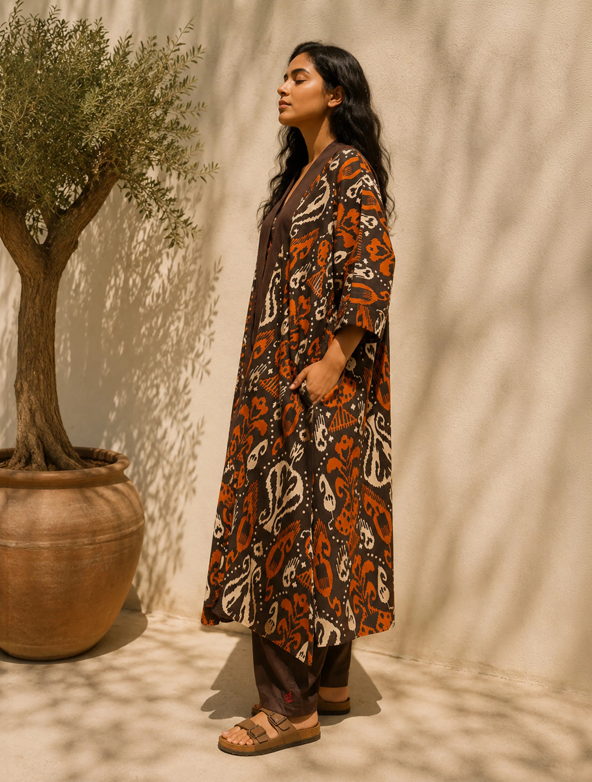 trueBrowns Cola Orange Ikat Print Cotton Kaftan Kurta Set