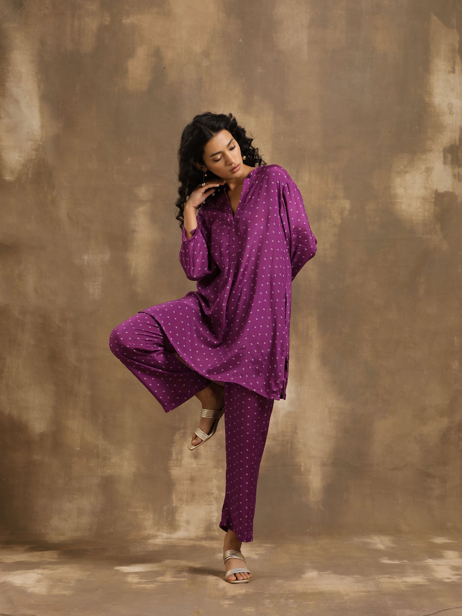 Purple Bandhani Printed Silk Co-Ord Set