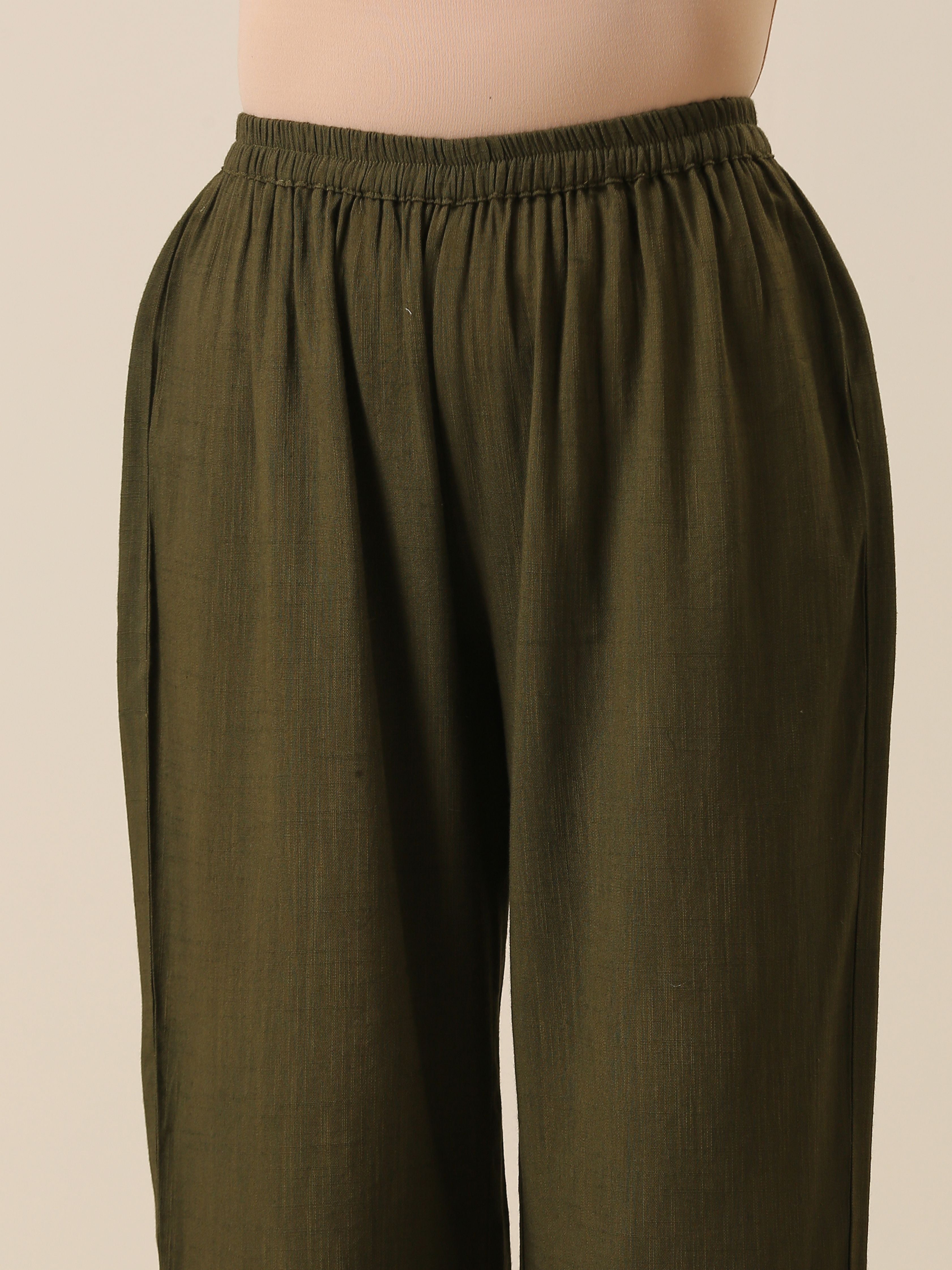 Olive Green Slub Texture Kurta Pant Set