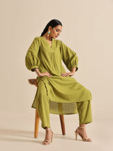 Fresh Green Dobby Puff Sleeve Kurta Pant Set