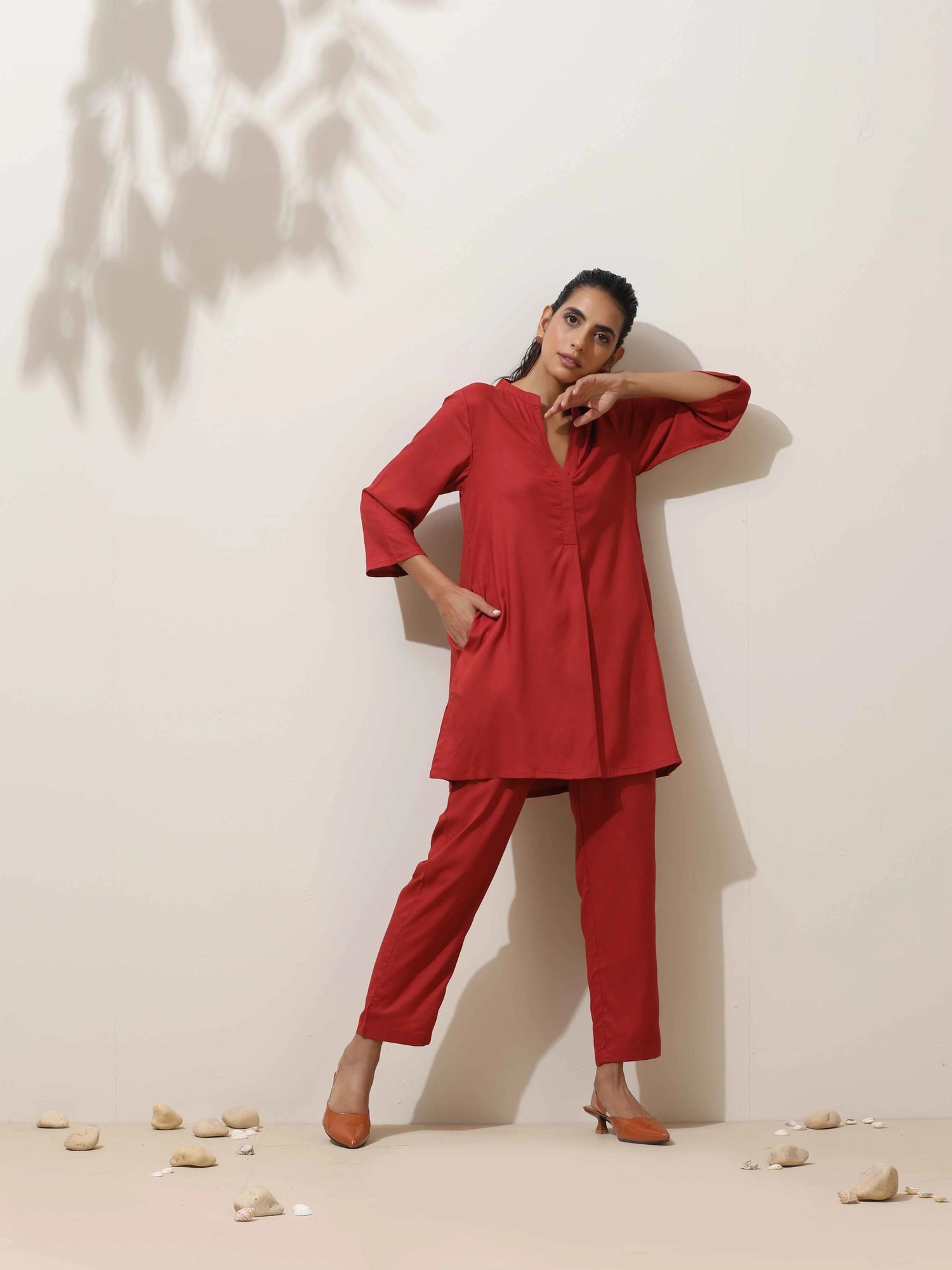 trueBrowns Maroon Viscose Solid Co-ord Set