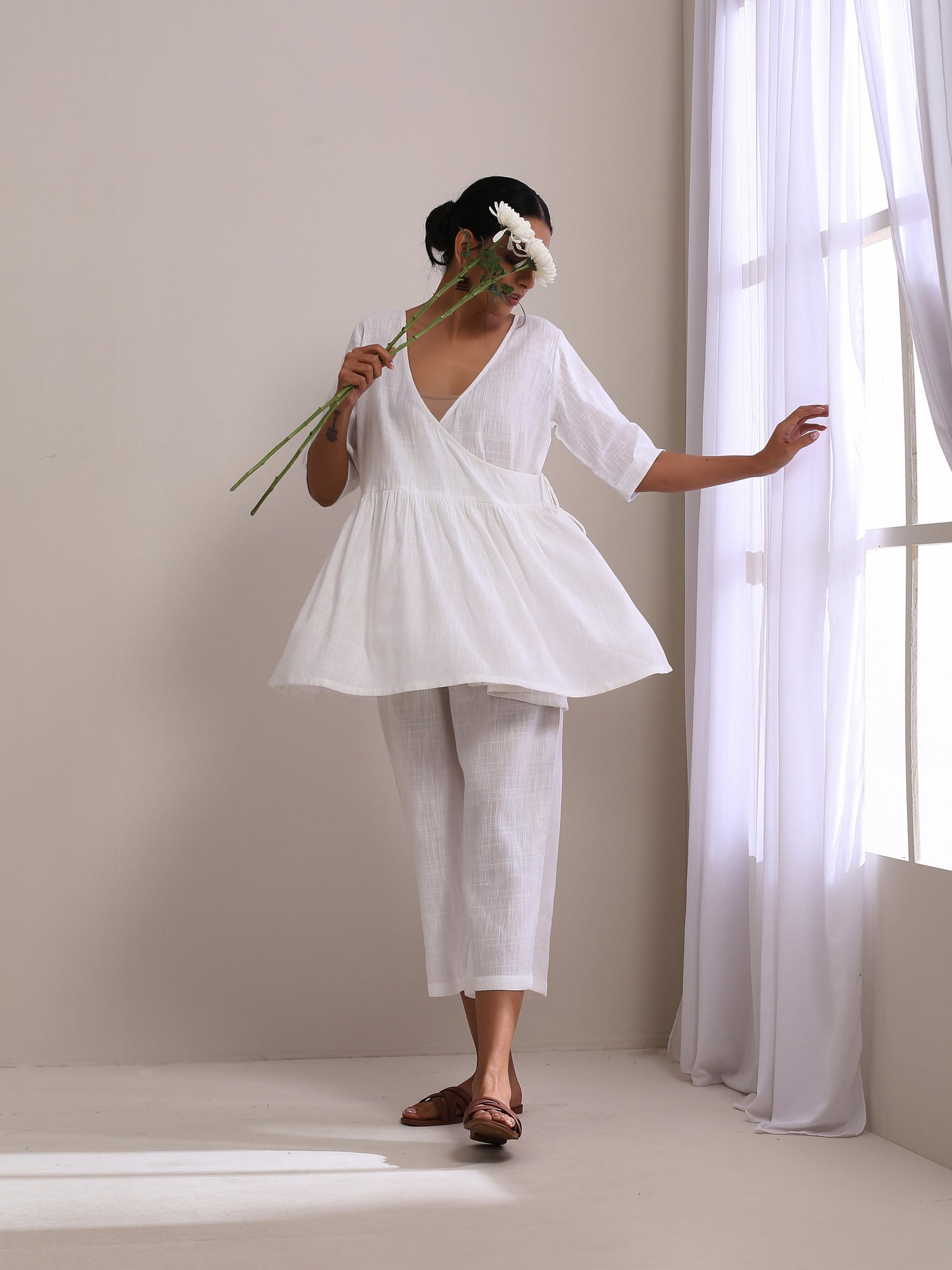 White Slub Texture Short Angrakha Co-Ord Set