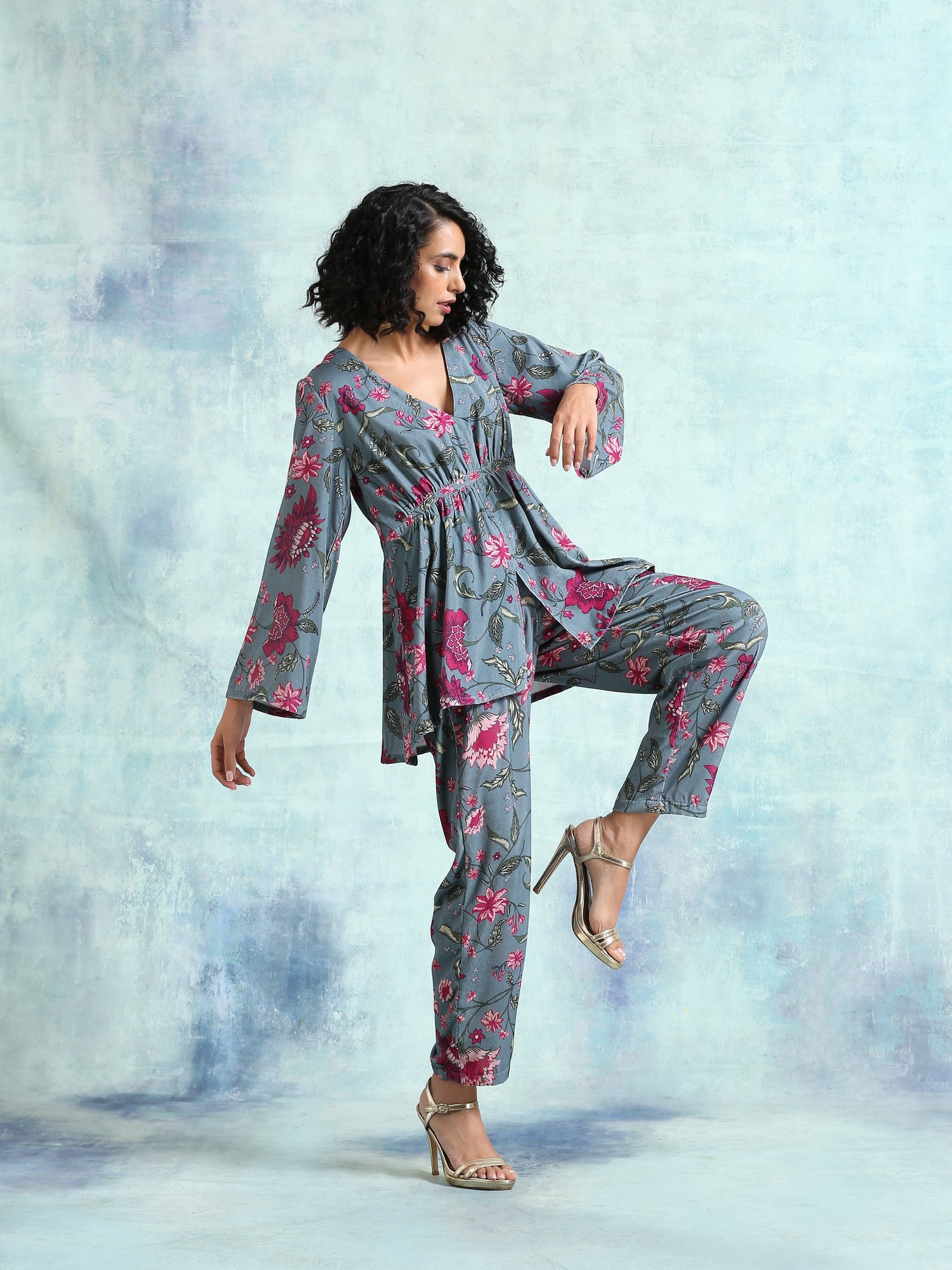 Grey Printed Velvet Co-Ord Set