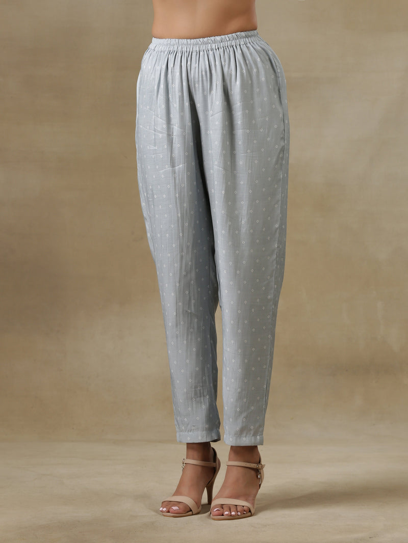 Grey Bandhani Printed Silk One-Shoulder Kurta Pant Set