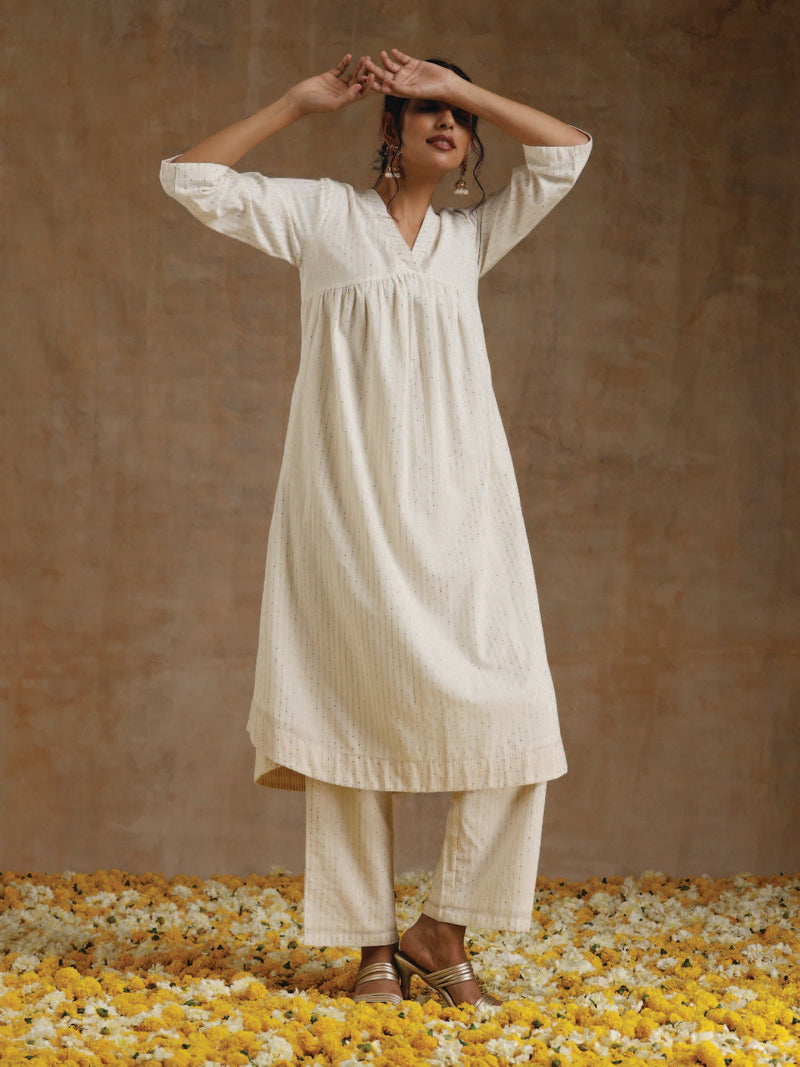 Ivory Gold Cotton Flared Kurta Set