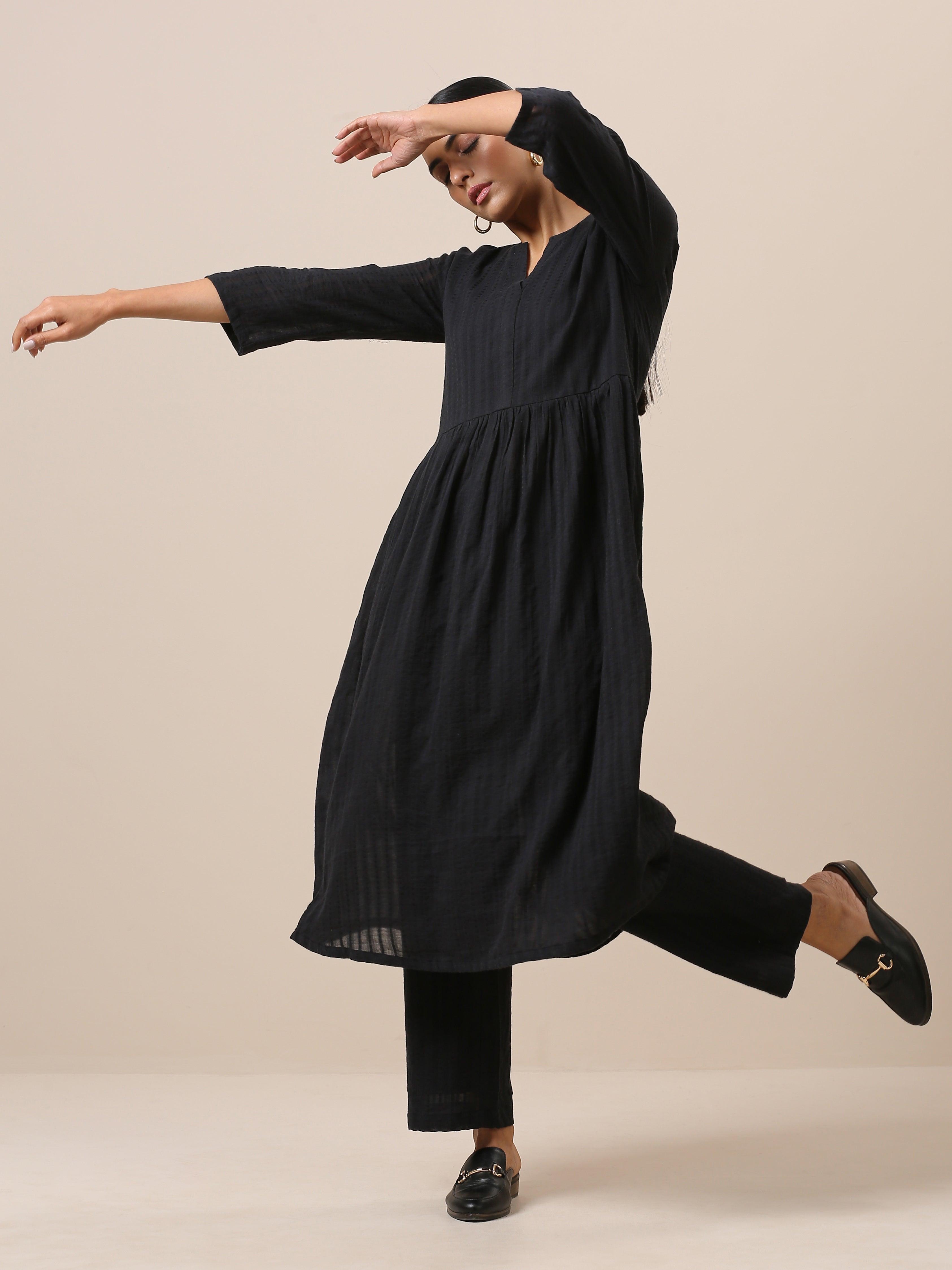 Cotton Black Flared Kurta Pant Set - trueBrowns