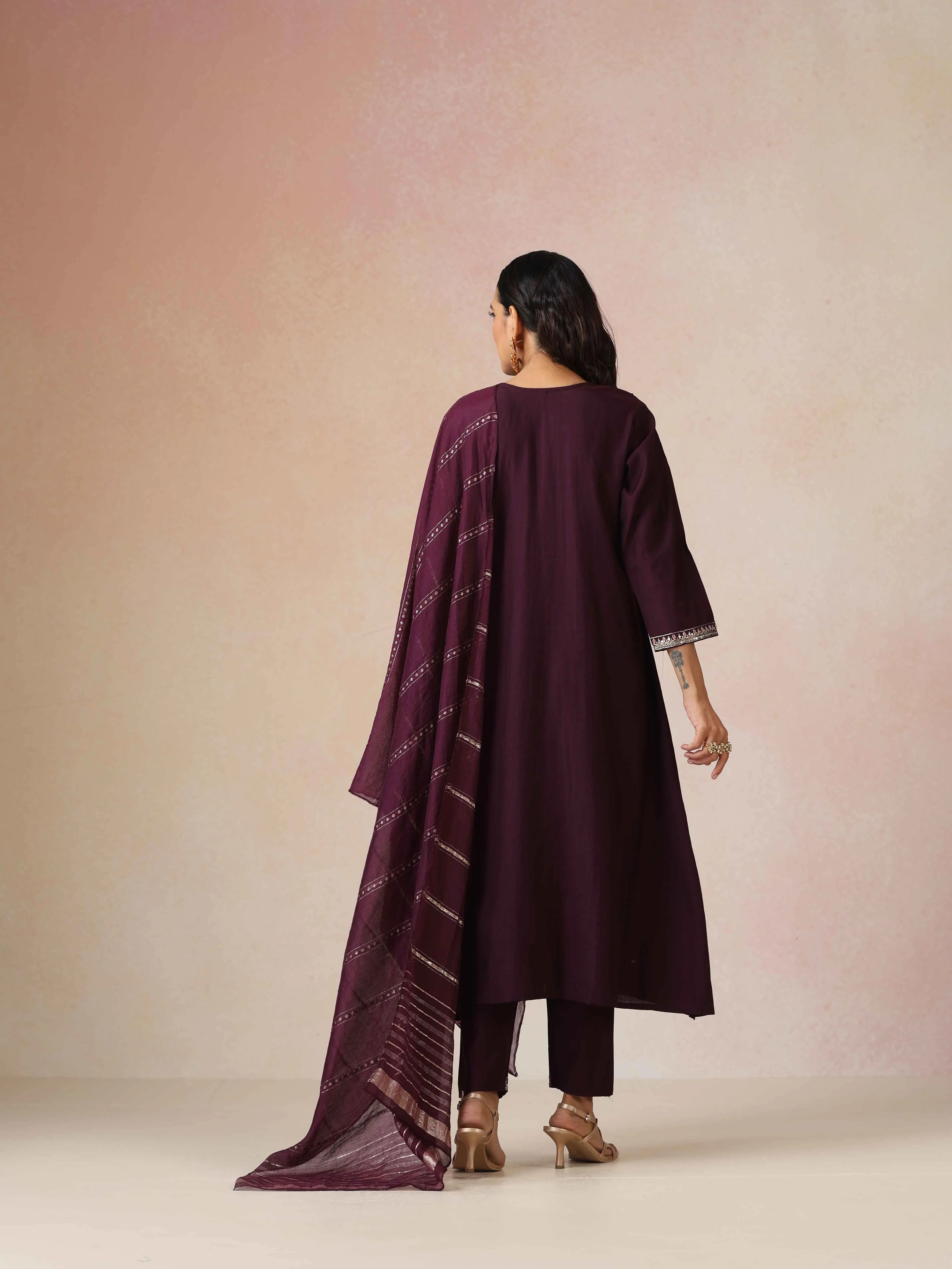 trueBrowns Purple Embroidered A-line Kurta 3pc Set