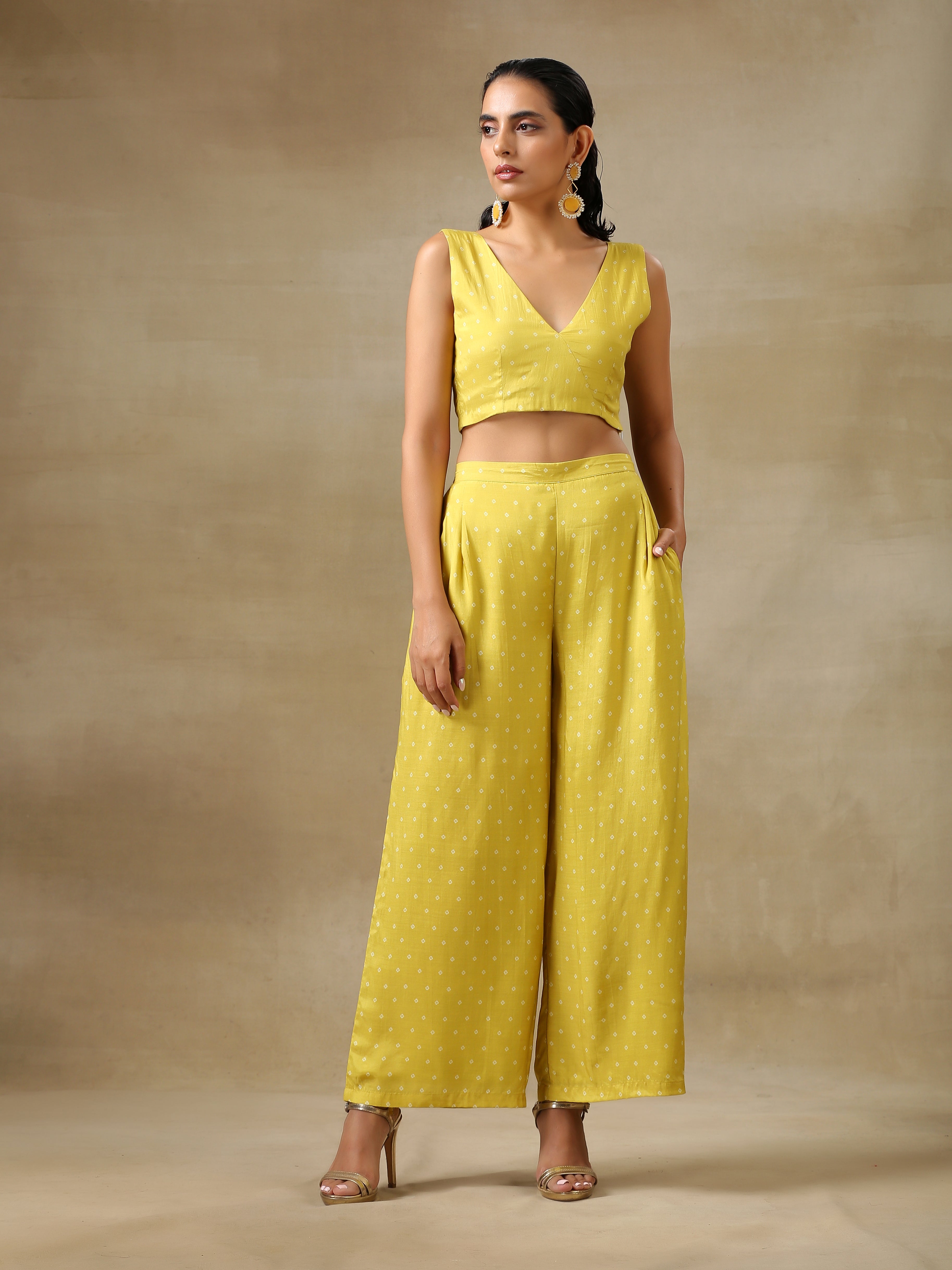 Lime Green Bandhani Printed Silk Top Pant with Purple Printed Jacket Set  2XS