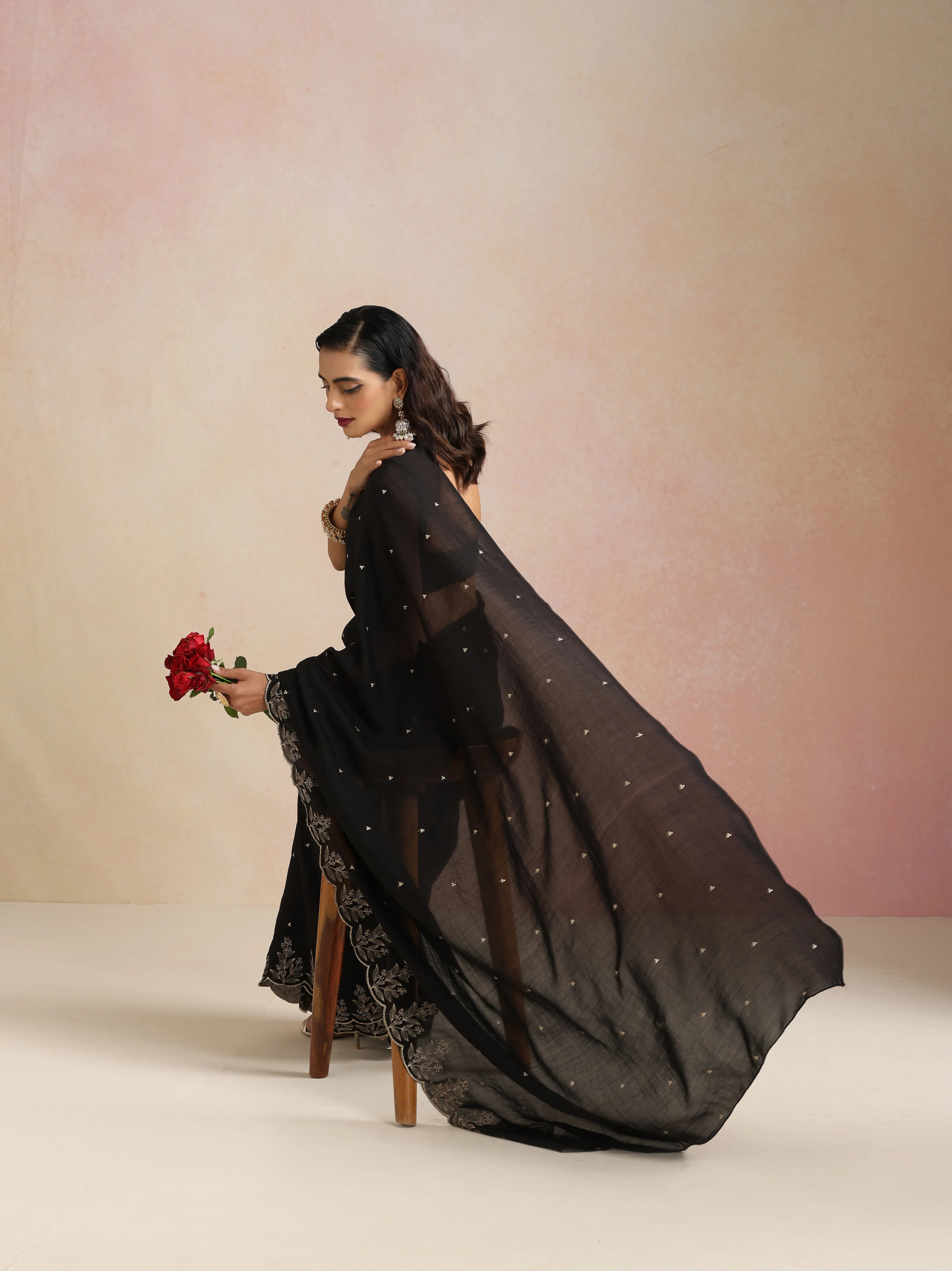 trueBrowns Black All Over Zari Embroidered Saree With Unstitched Blouse