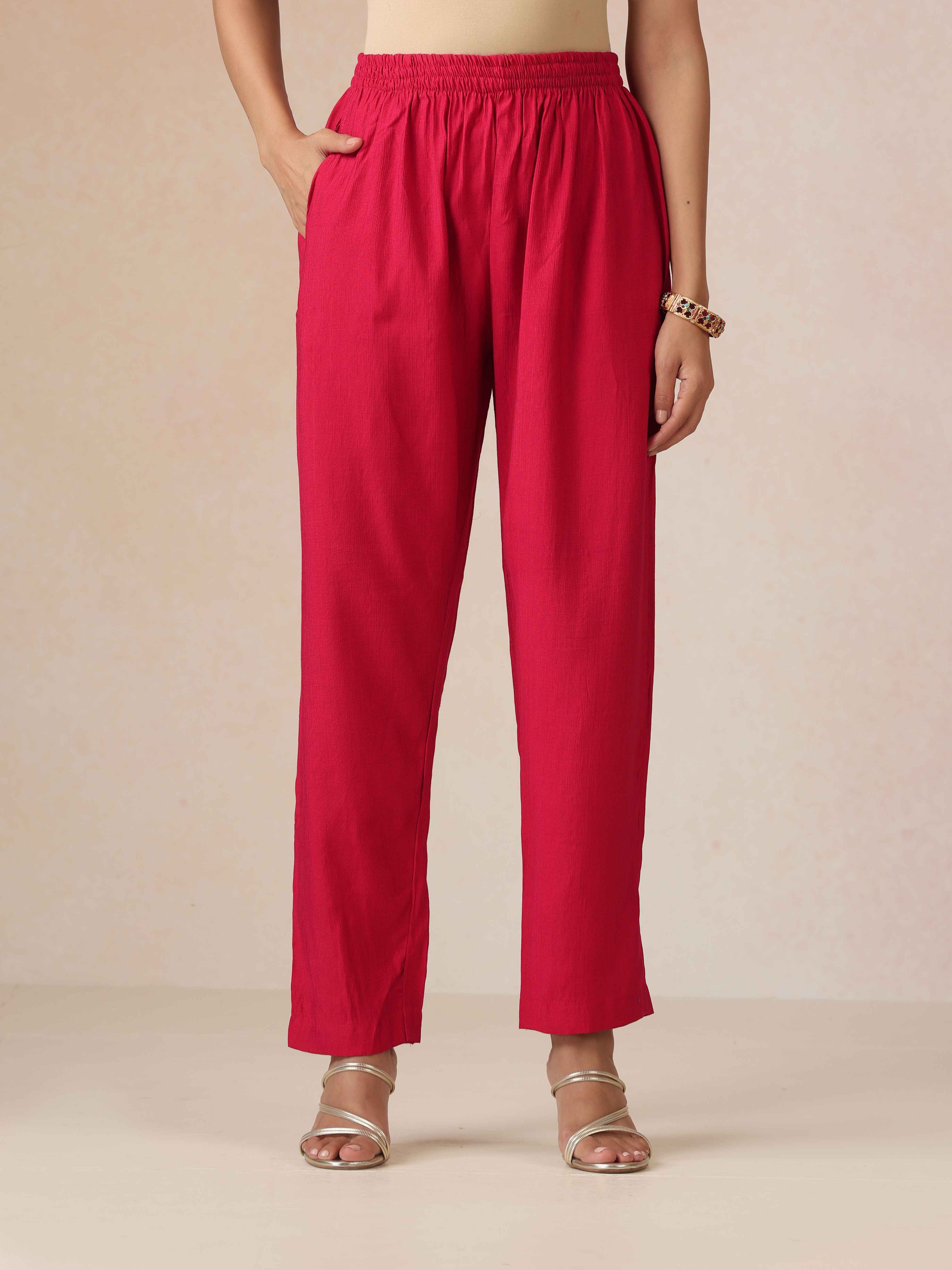 trueBrowns Red Embroidered Straight Kurta Pant Dupatta Set