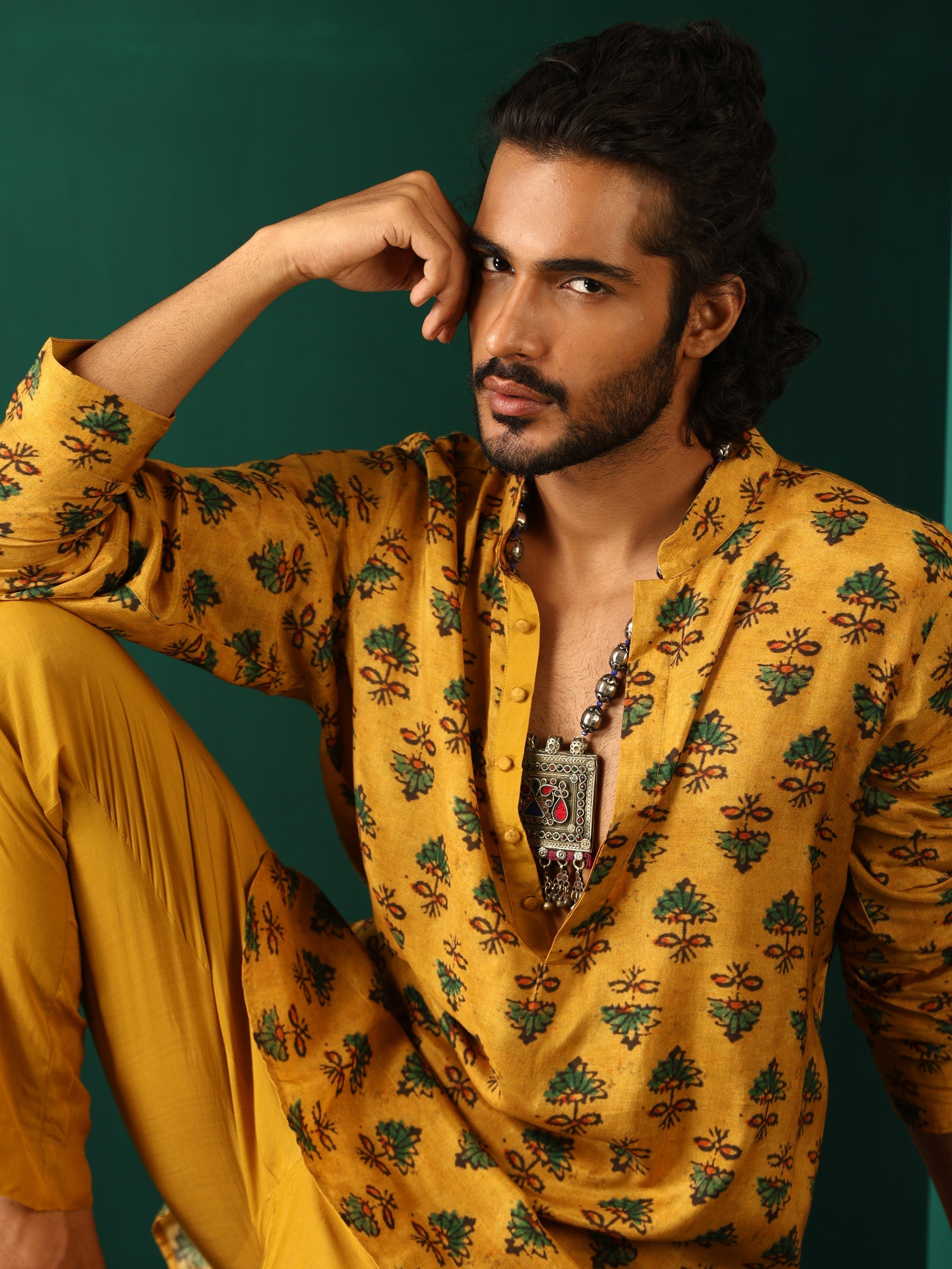 trueBrowns Men Mustard Flower Muslin Silk Printed Co-ord Set