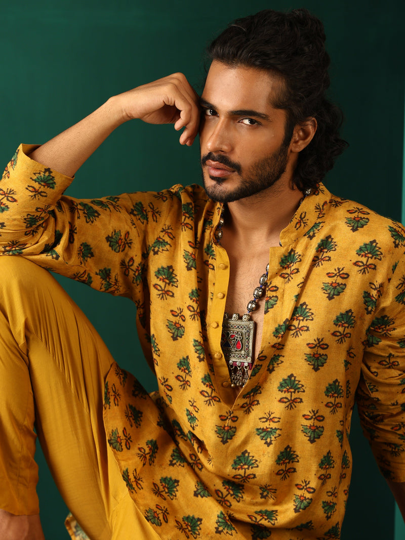 trueBrowns Men Mustard Flower Muslin Silk Printed Co-ord Set