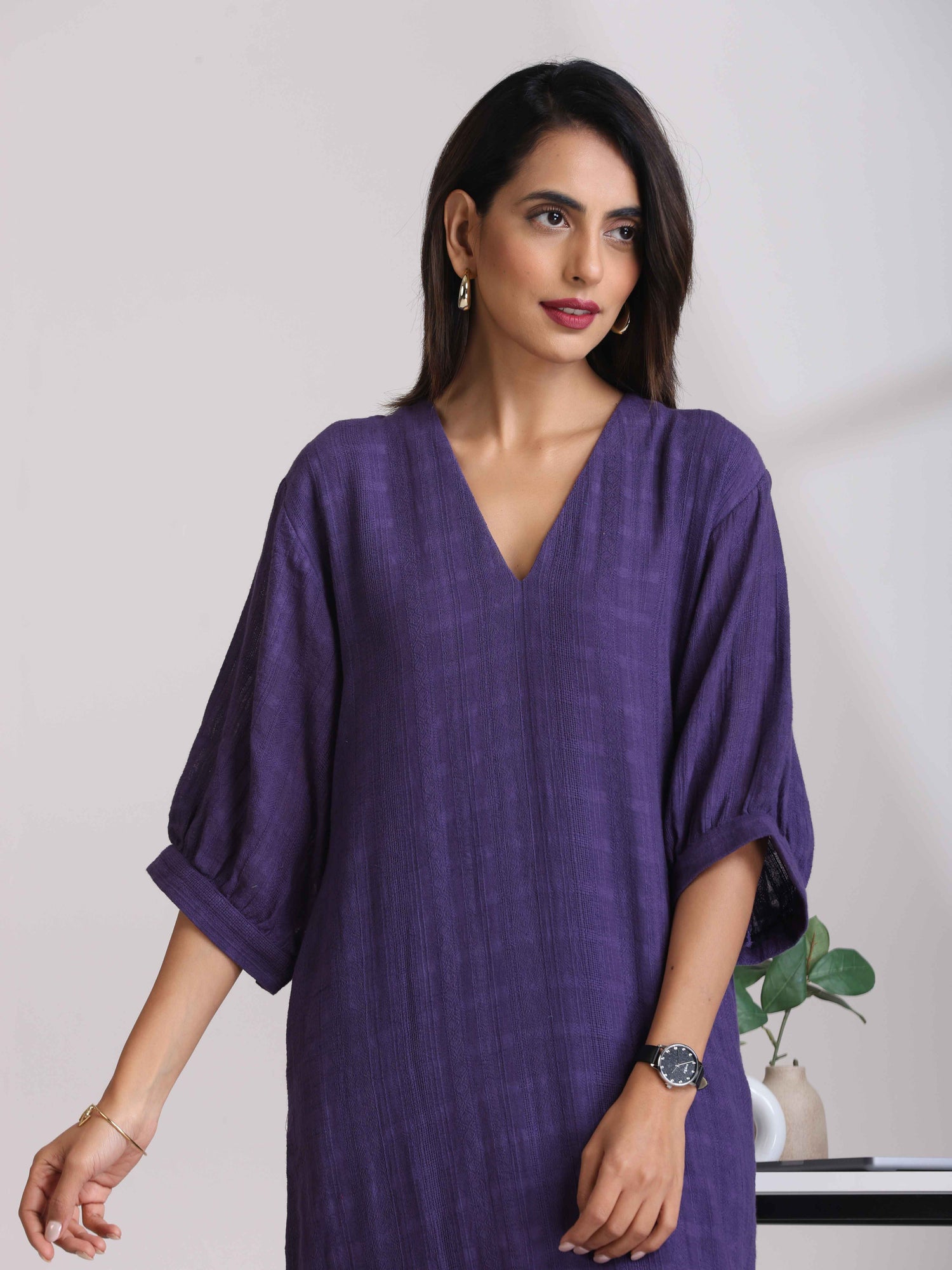 trueBrowns Purple Cotton Dobby Slit Dress