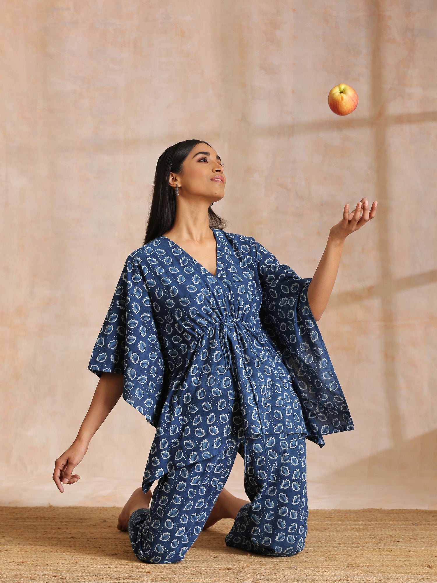 Indigo Dabu Floral Print Cotton Kaftan Co-Ord Set