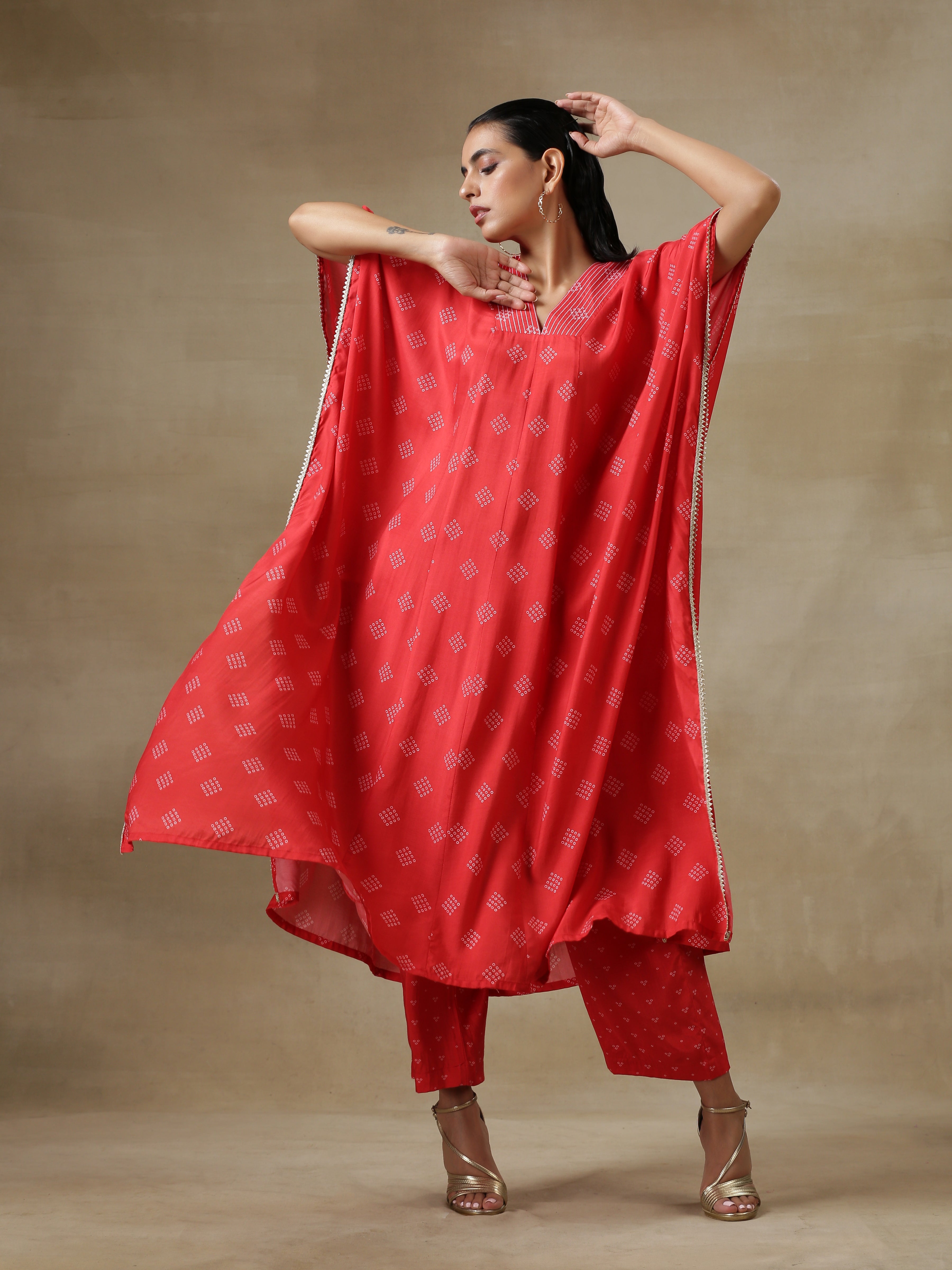 Red Bandhani Printed Silk Panel Kaftan Kurta Pant Set