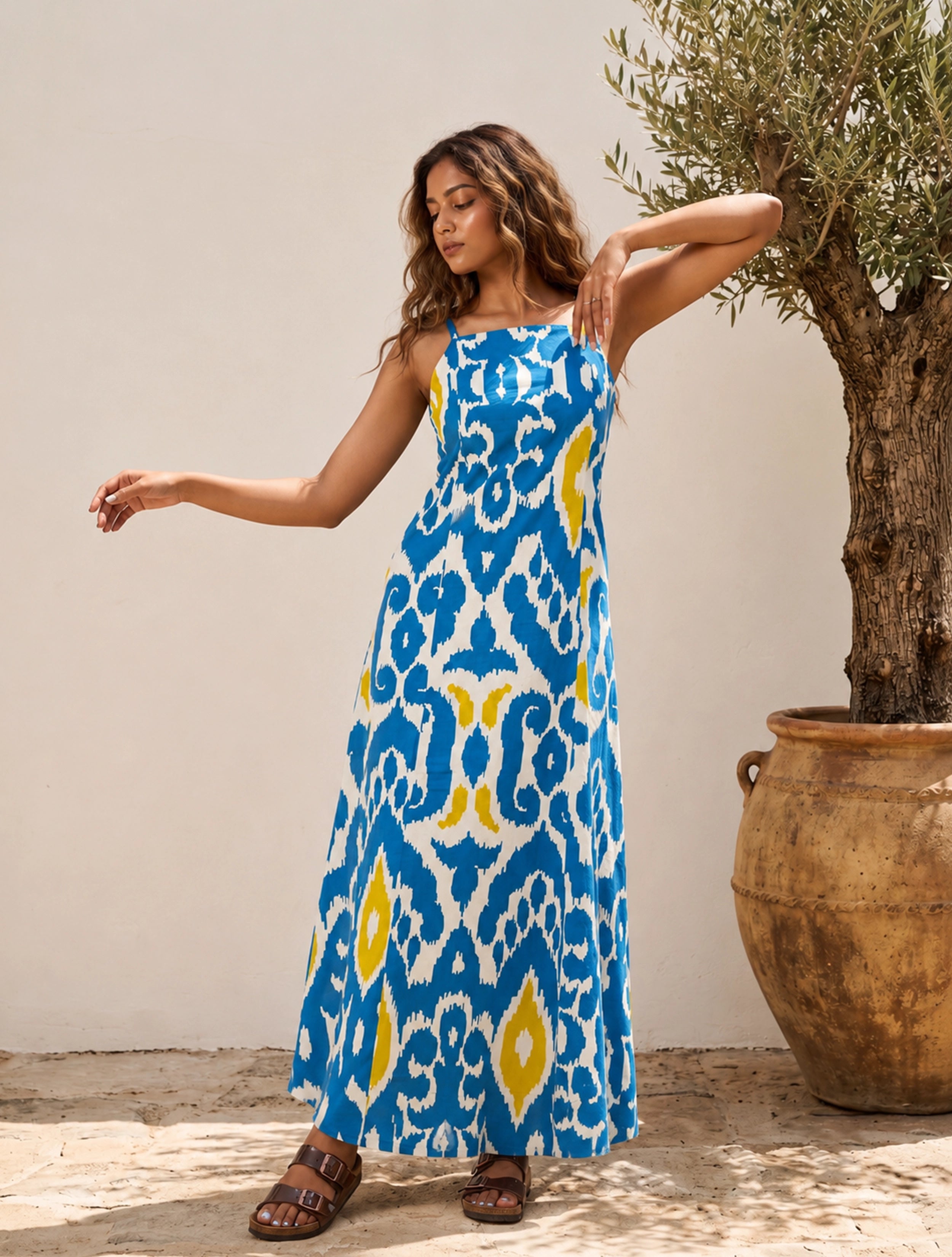 trueBrowns Blue Ikat Print Cotton Strappy Maxi Dress