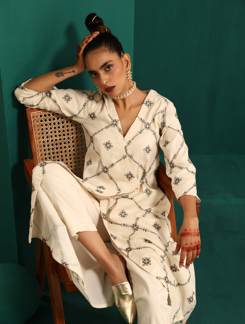 trueBrowns Ivory Embroidered Angrakha Kurta Pant Set