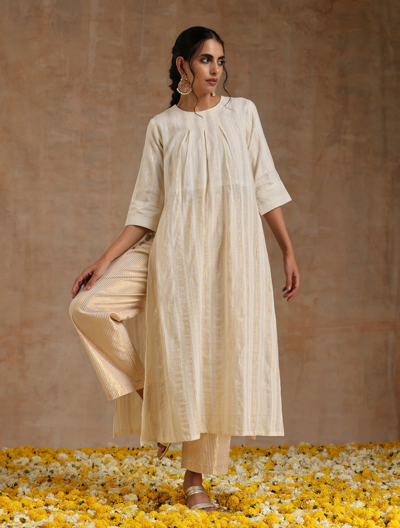 Ivory Gold Cotton Neck Pleat Kurta Set