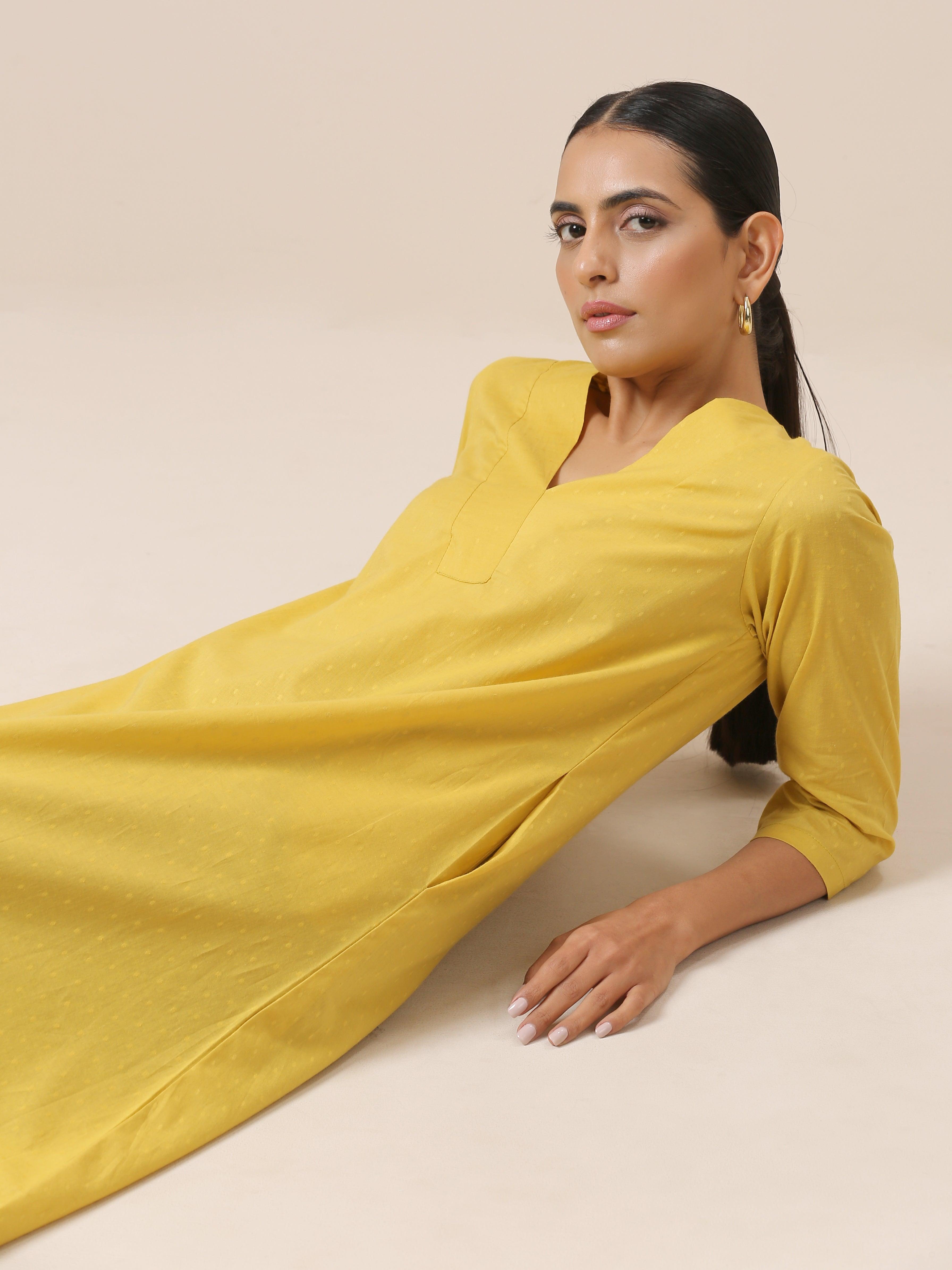Cotton Dobby Yellow Kurta Pant Set - trueBrowns