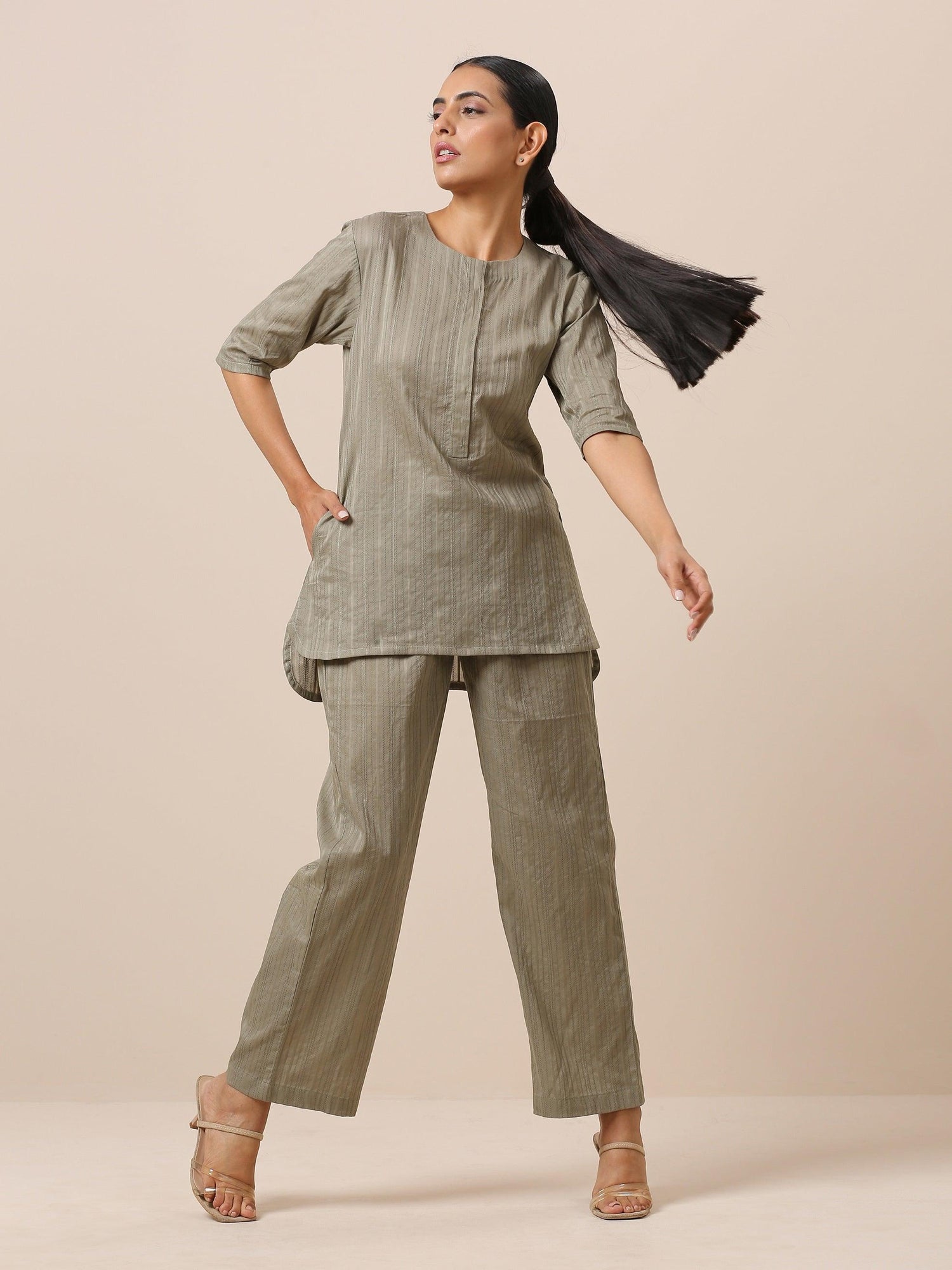 Cotton Olive Green Short Co-Ord Set - trueBrowns
