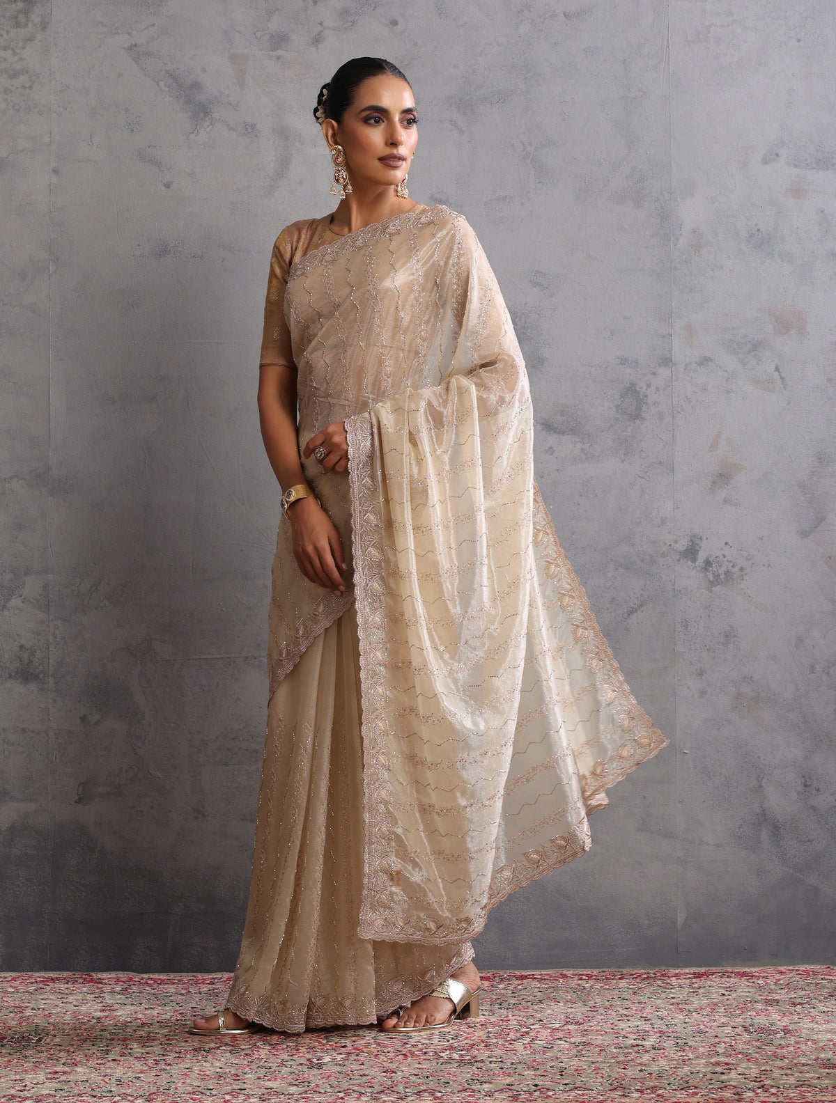 trueBrowns Ivory Gold Sequins Embroidered Net Saree With Unstitched Blouse