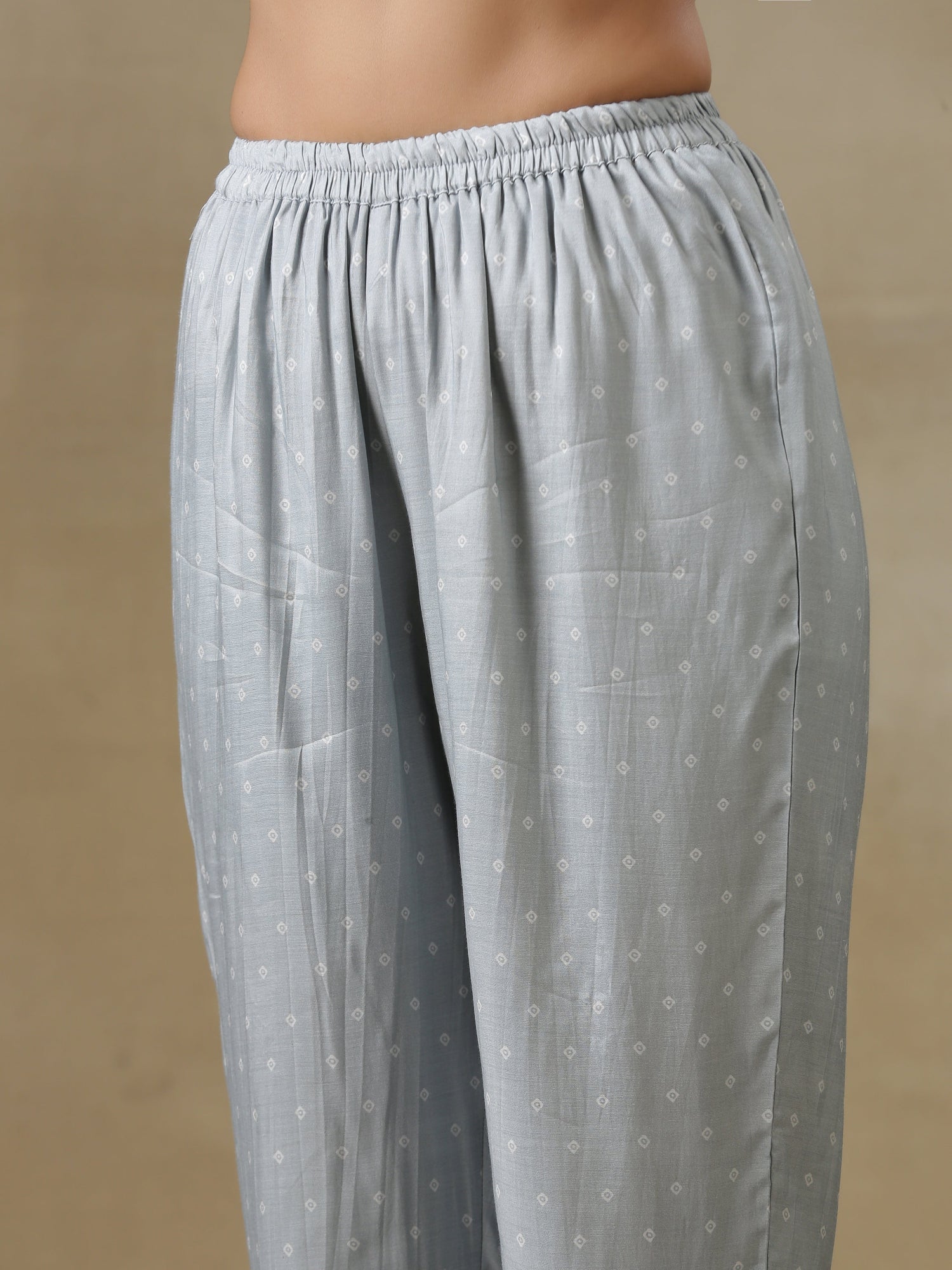 Grey Bandhani Printed Silk Yoke Kurta Pant Set