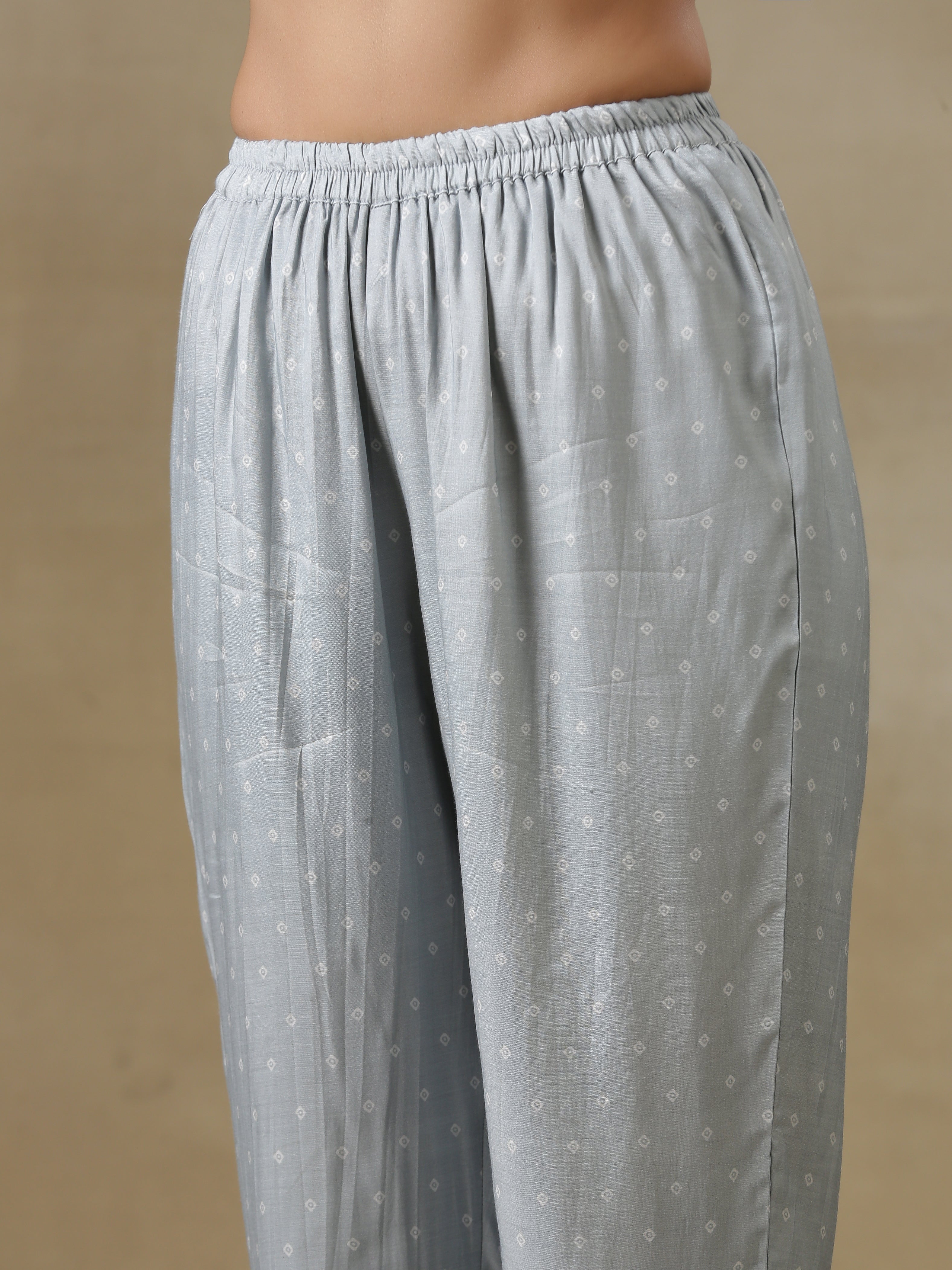 Grey Bandhani Printed Silk Yoke Kurta Pant Set